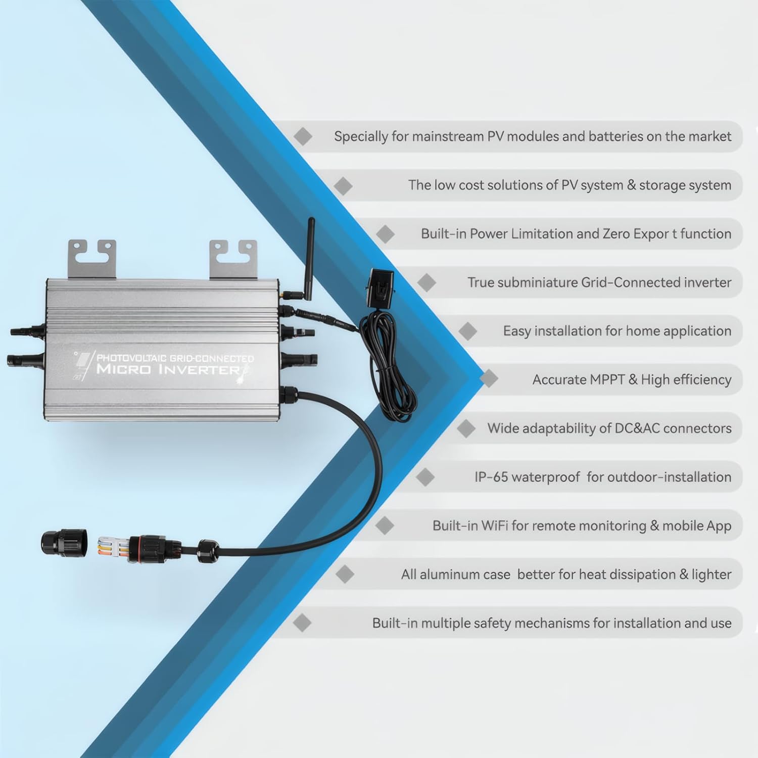 Micro Grid-Tie Inverter with Battery Storage,Multiple Connection Modes,APP Control,20V-60V PV Input, 36V/48V Battery, 180-265VAC Output (UDM-GS) (800W)