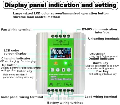 Hybrid Wind Solar Charge Controller with LCD Display, 12V/24V/48V MPPT, Off-Grid, 500W Wind + 500W Solar, Efficient Dump Load Management, Ideal for Renewable Energy Systems