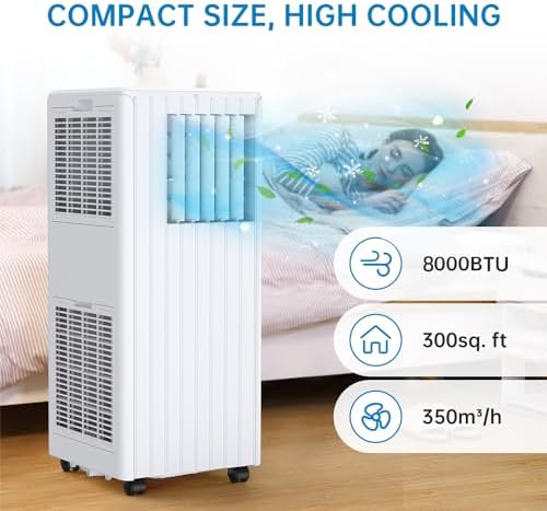 Acekool 8,000 BTU Portable Air Conditioner with Dehumidifier for Rooms up to 350 sq.ft - Includes 24-Hour Timer, Sleep Mode, Remote Control, and Window Installation Kit