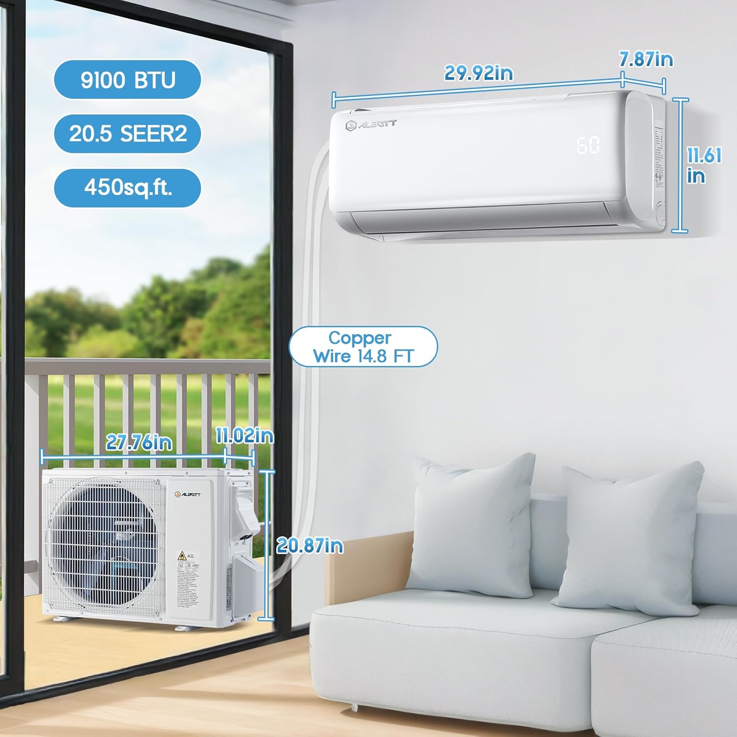 Albott Mini Split Air Conditioner Heat Pump, 9100 BTU, 20.5 SEER2, 115V Wall AC Unit with Remote Control, Cools & Heats Rooms up to 450 Sq.Ft, Includes 14.8ft Installation Kit