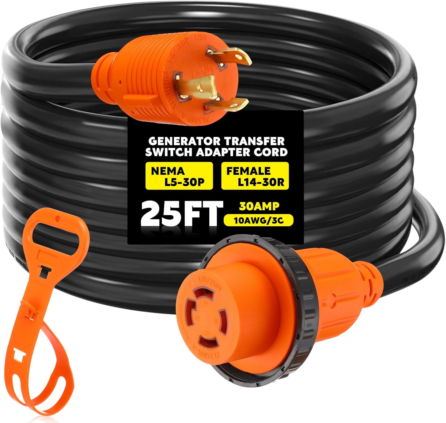 NEMA L5-30P to L14-30R Generator Transfer Switch Adapter Cord, 30 Amp Locking L5-30P Male to L14-30R Female Locking Ring Generator to House Inlet Box Adapter, STW 10 AWG, ETL Listed (25ft)