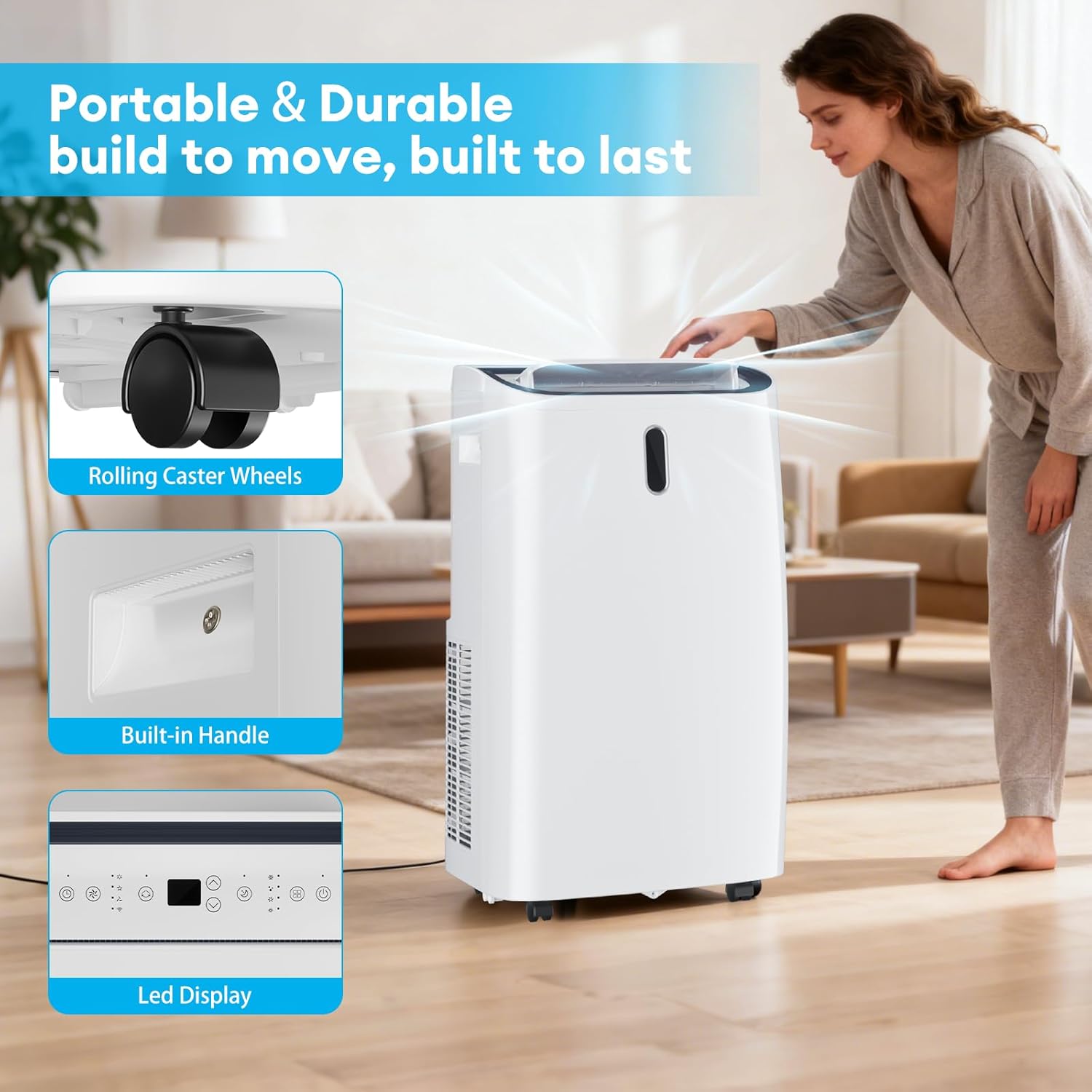 14000 BTU Portable Air Conditioner, 4-in-1 with Cool/Heat/Dry/Fan Functions, Wi-Fi Smart AC Unit with App& Remote Control, LED Display,Ideal for Bedroom, Living Room, Office(White)