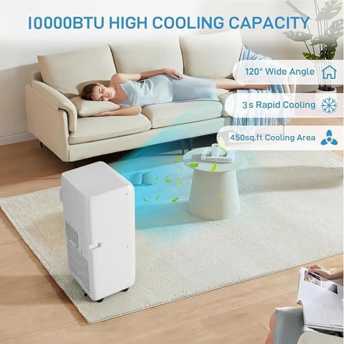 10000 BTU 3-in-1 Portable Air Conditioner with Dehumidifier and Fan, Ultra Quiet Operation, Remote Control, Window Kit Included for Rooms up to 450 Sq Ft Ideal for Bedroom Office Dorm