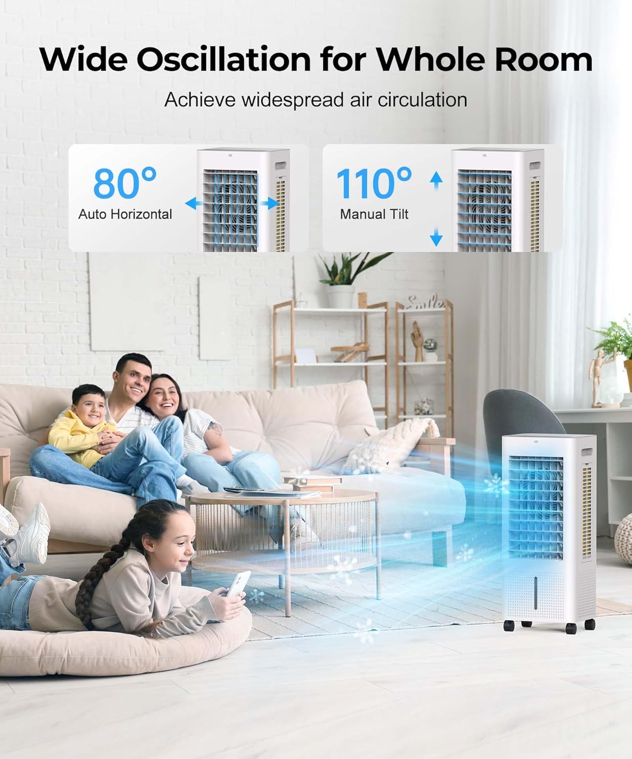 Evaporative Air Cooler with Remote & Timer, 2200+ CFM Portable Fan That Blows Cold Air for Large Room, Home Office, Bedroom - 2.1Gal High-Capacity Tank, 3 Modes, Whisper Quiet 30dB & Sleep Mode