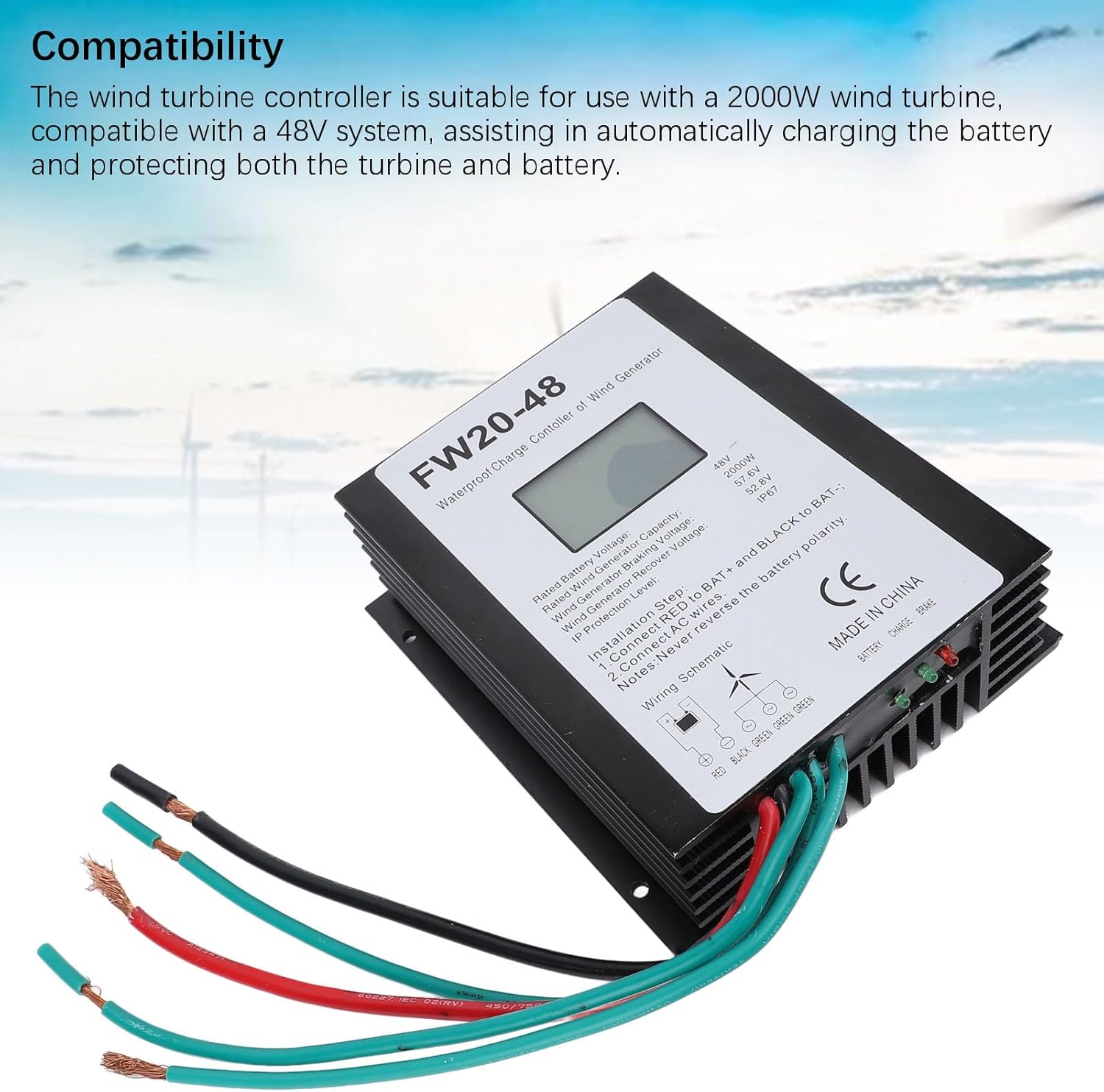 2000W Wind Turbine Charge Controller 48V IP67 Water MPPT with LED Display - Durable Aluminum Alloy, Efficient Heat Dissipation, Reliable Home Energy Management