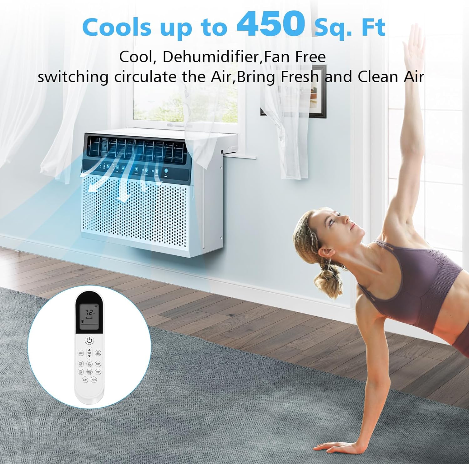 Joy Pebble 10000 BTU Window Air Conditioner, Window Air Conditioner for Room Cools Up to 450sq.ft, Window AC Unit with Cooling, Dehumidifier and 3 Fan Speed, 24-Hour Timer & ECO Mode