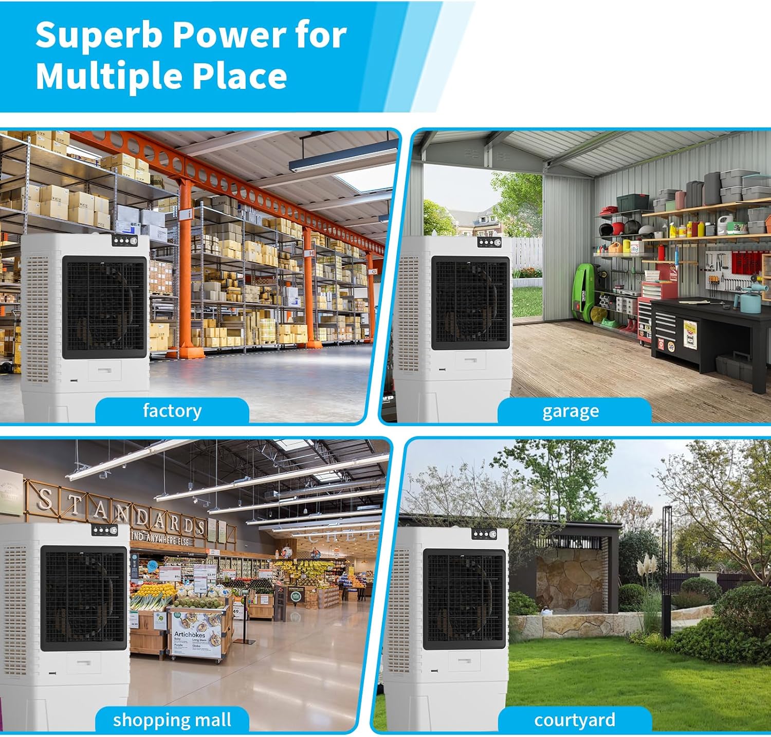 9000CFM Commerial Air Conditioner, Portable Evaporative Air Cooler with 21.1-Gal Water Tank with Water Level Alarm, Remote, 3 Speeds, Ideal for Factory, Garage