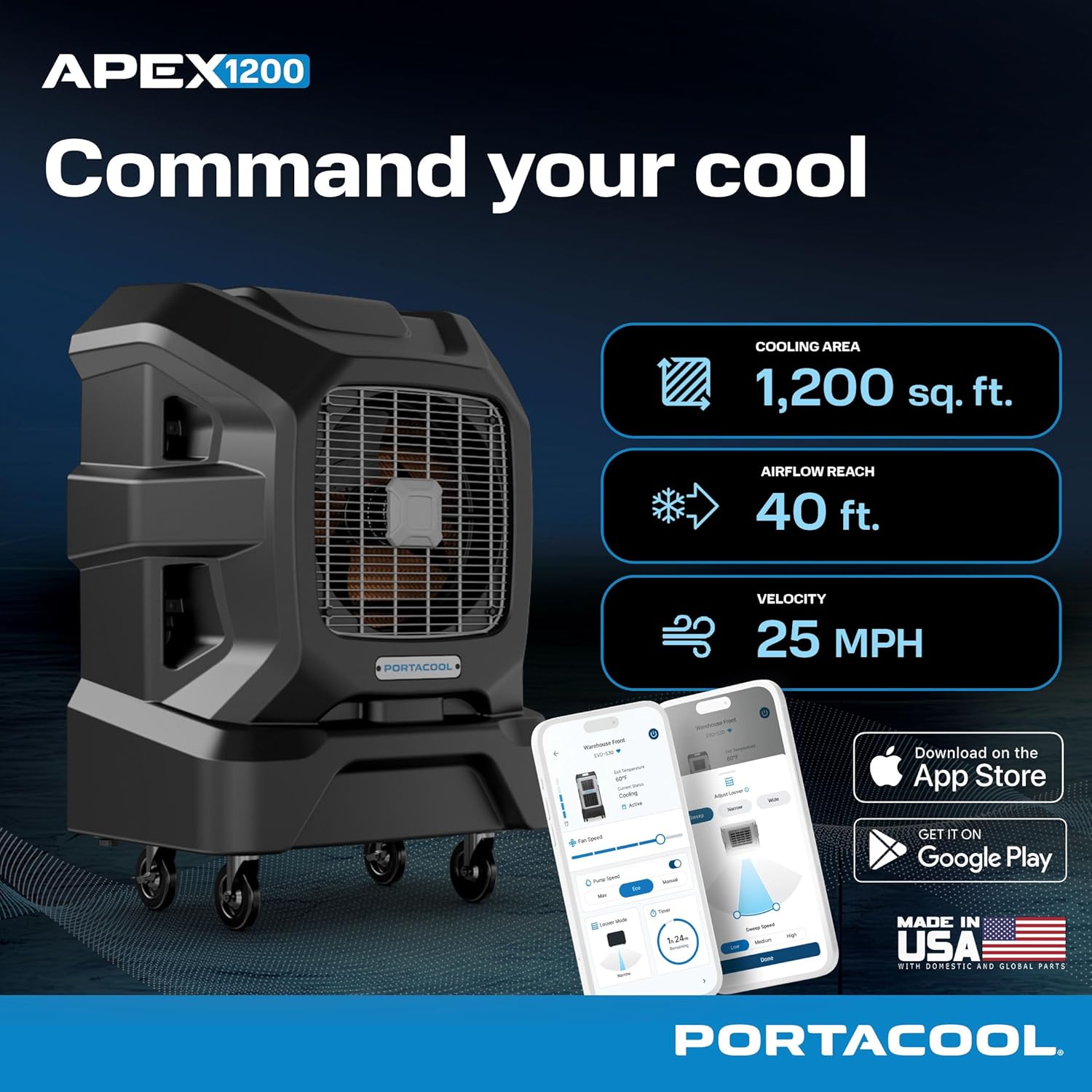 Portacool Apex 1200 (PACA12001A1) – Wi-Fi Enabled High Velocity Portable Evaporative Cooler for 1200 sq. ft. with up to 40-foot Reach, Programable, 40 Gallon Reservoir, Variable Speed