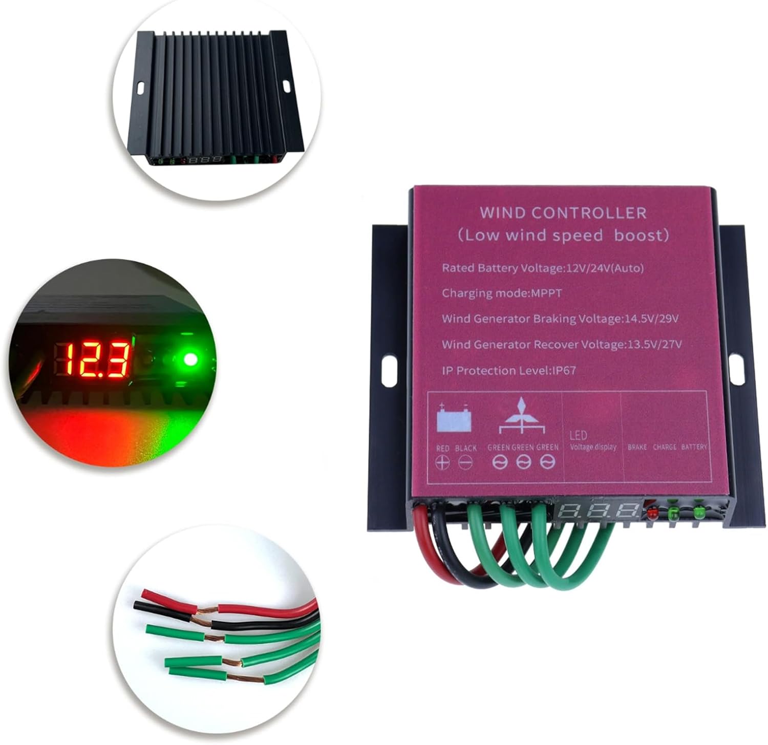 IP67 Waterproof Controller 6000W Wind Turbine Charge Controller 12V 24V 48V Auto MPPT Low Wind Speed Boost Wind Regulator, for Wind Power System