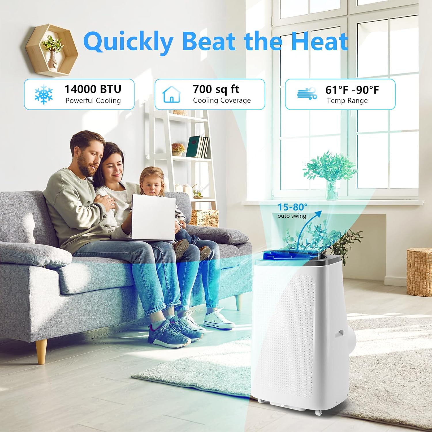 GarveeHome 14,000 BTU Portable Air Conditioner,4 in-1 Multifunctional Air Cooler, Remote Control,24-Hour Timer, Cools Up to 750 Sq.Ft, Low-Noise, Bedroom, Living Room, Office, White