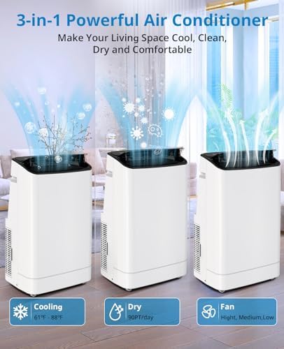14,000 BTUs Portable Air Conditioner for Room Up to 350 Sq.Ft, 3 in-1 Quiet Cooling AC Unit with Remote Control, Fan & Dehumidifier, Remote Control, 24H Timer, Smart Sleep Mode