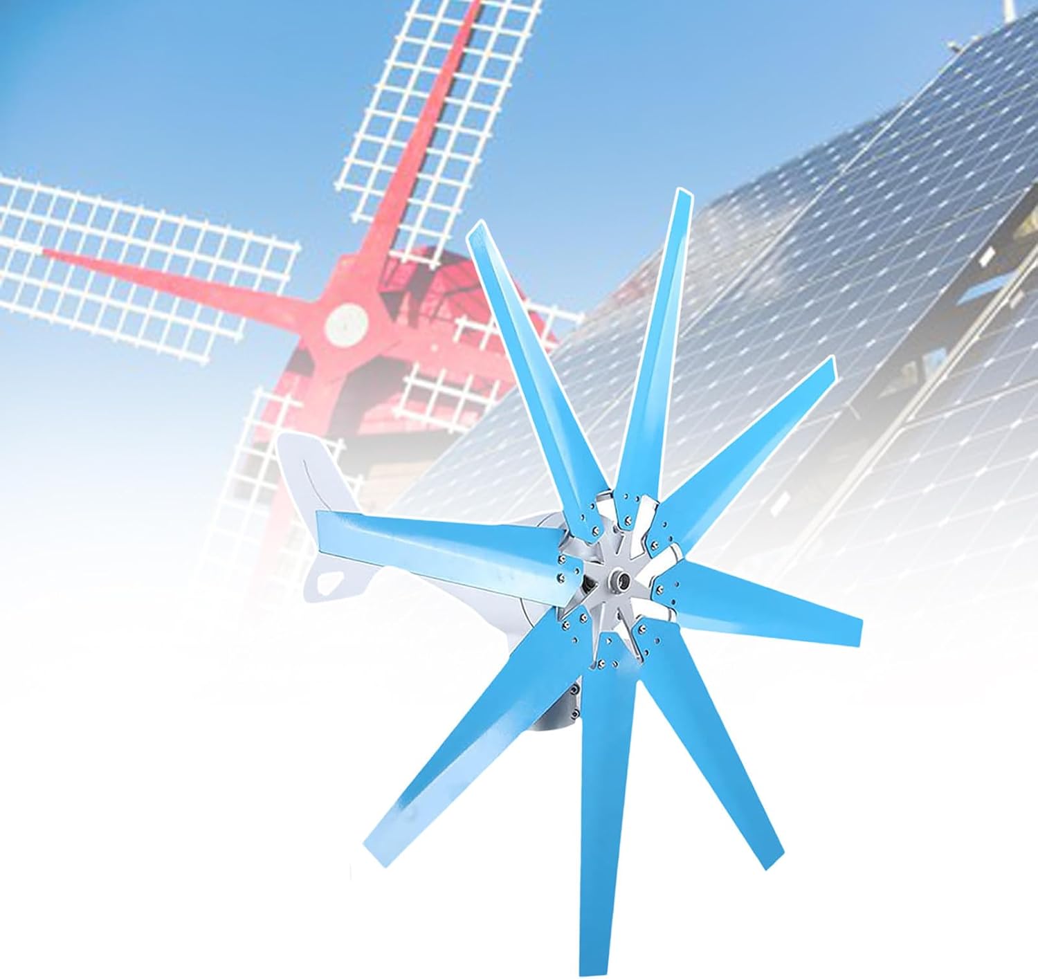 8kW Noiseless Wind Turbine Generator - 12V/24V/48V 8-Blade Wind Power System with Controller for Home, Camping & Outdoor Use - Efficient Renewable Energy Solution in Blue