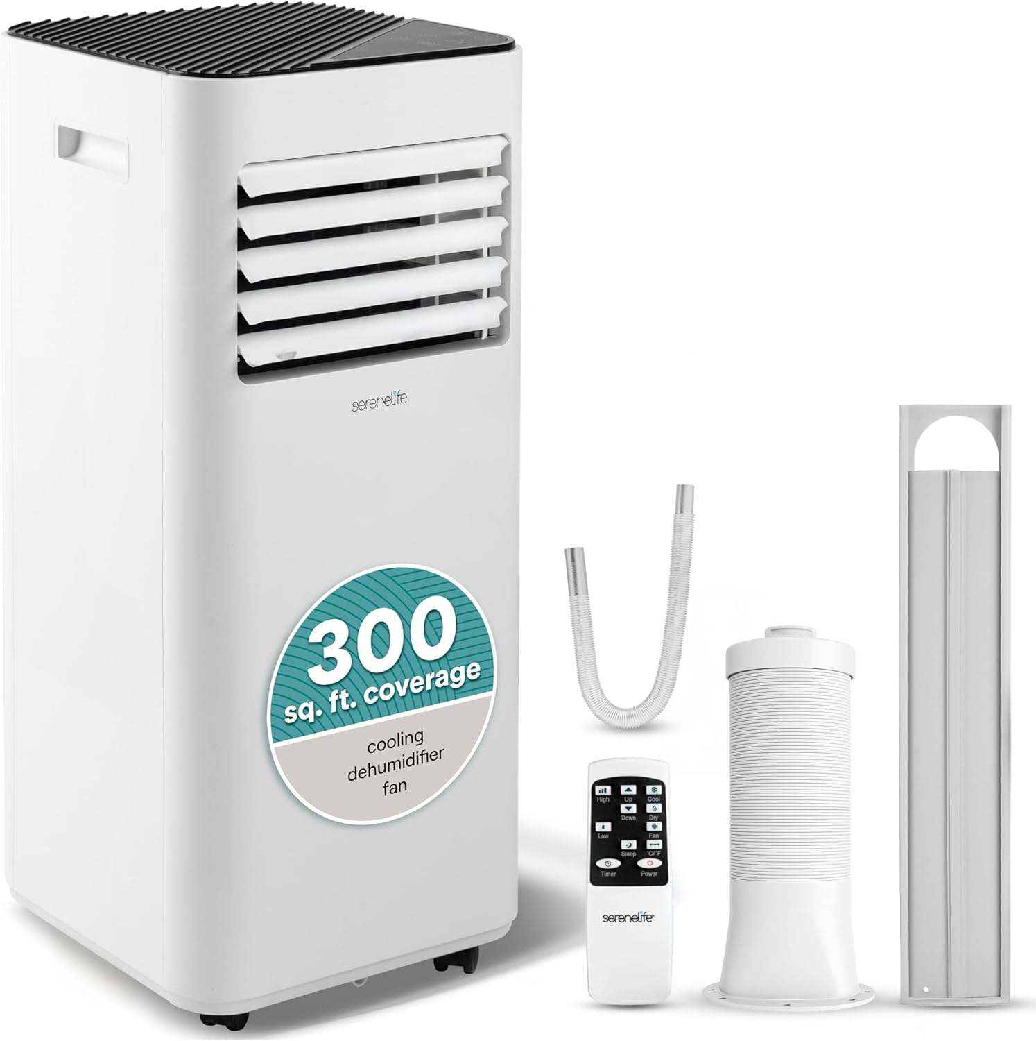 SereneLife Portable Conditioner, 8000 BTU 3-in-1 Compact Standing Air Conditioner for Rooms Up to 300 Sq. Ft., Energy Efficient Floor AC Unit with Remote Control, Universal Casters, Window Mount Kit