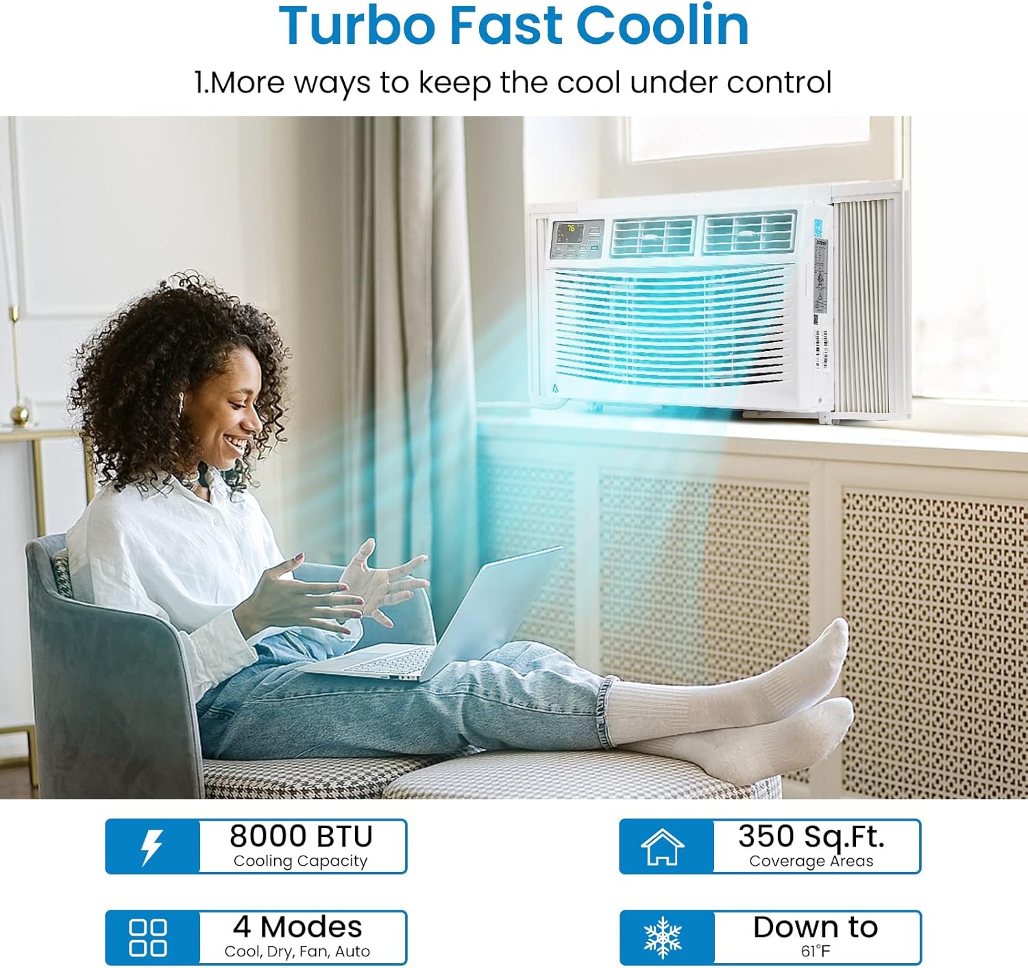8000 BTU Smart Window AC - WiFi Enabled Air Conditioner for 350 Sq.Ft Rooms, 11 EER Quiet 51dB Cooling w/App Control, Digital Display & Remote (Fits 23