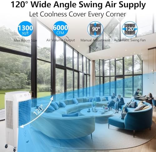 6000 CFM Evaporative Air Cooler, 15.8 Gallon Swamp Cooler with 120°Oscillation, 3 Speeds and Modes, 3-In-1 Swamp Cooler Air Conditioner, Portable Air Cooler Fan for Indoor Garage Outdoor Patio