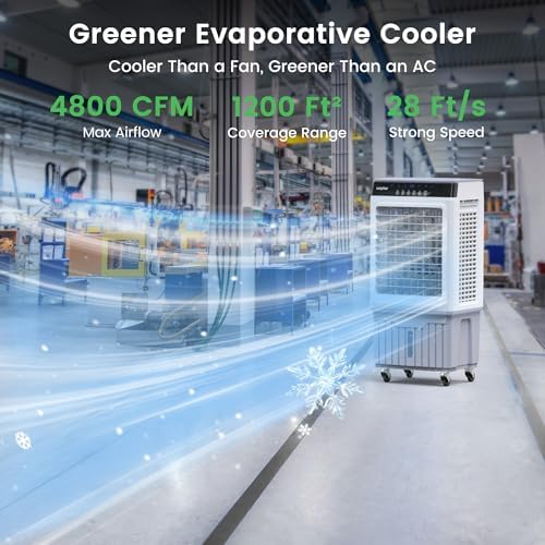 Waykar Swamp Cooler, 4800 CFM Evaporative Air Cooler with 8 Gals Water Tank, 1200 Sq.Ft. Portable Air Conditioner with 4 Ice Pack, 120°/60°Oscillation, 3 Models for Garage, Yard