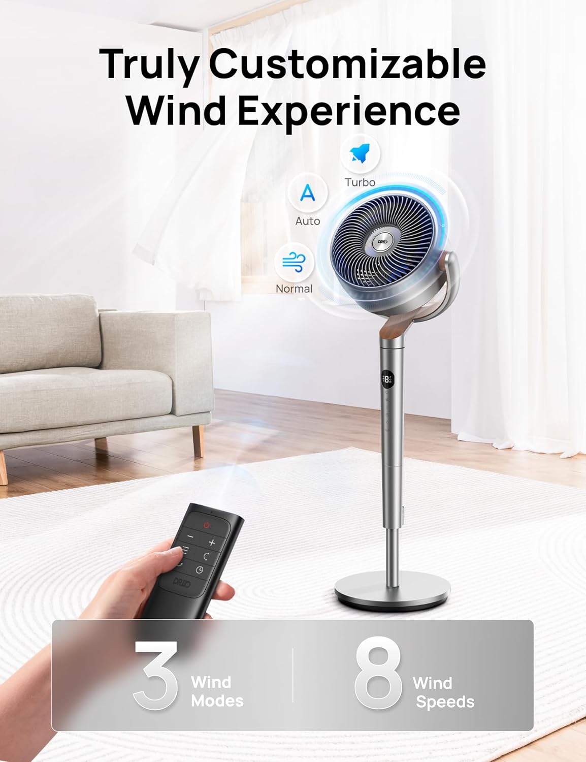Dreo Fan for Bedroom, 120°+120°Omni-directional Oscillating Fan, DC Motor, 20 dB Quiet Standing Pedestal Fans, 90ft, 8 Speeds, 3 Modes Circulator with Remote, 35-40