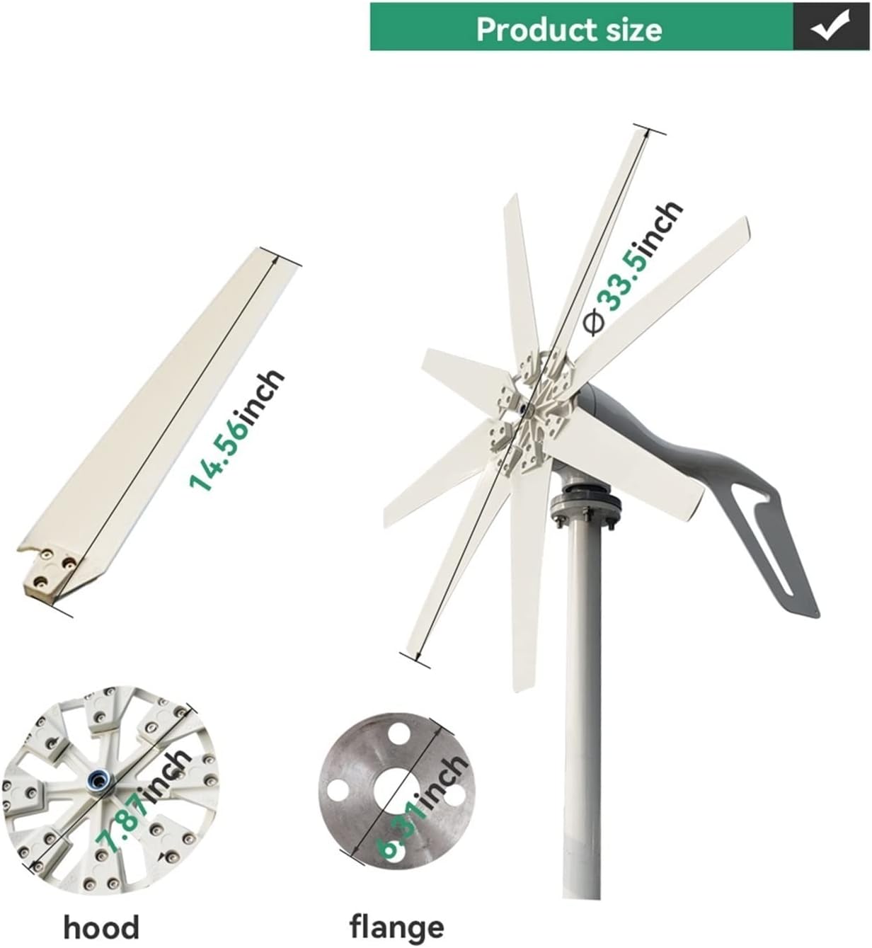 Wind Turbine, Wind Energy Turbine Generator 2000w 12v 24v 48v 8 Blades with Off Grid System Mppt and Hybrid Charge Controller for Home Use(Turbine Only,12V)