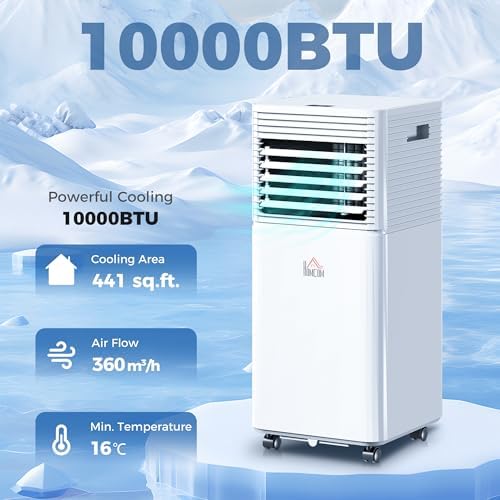 HOMCOM 10000 BTU Mobile Portable Air Conditioner for Rooms Up to 441 Sq.Ft., 3-in-1 AC Unit with Dehumidifier, Cooling Fan, Remote, 24H Timer, LED Display, Window Installation Kit, White