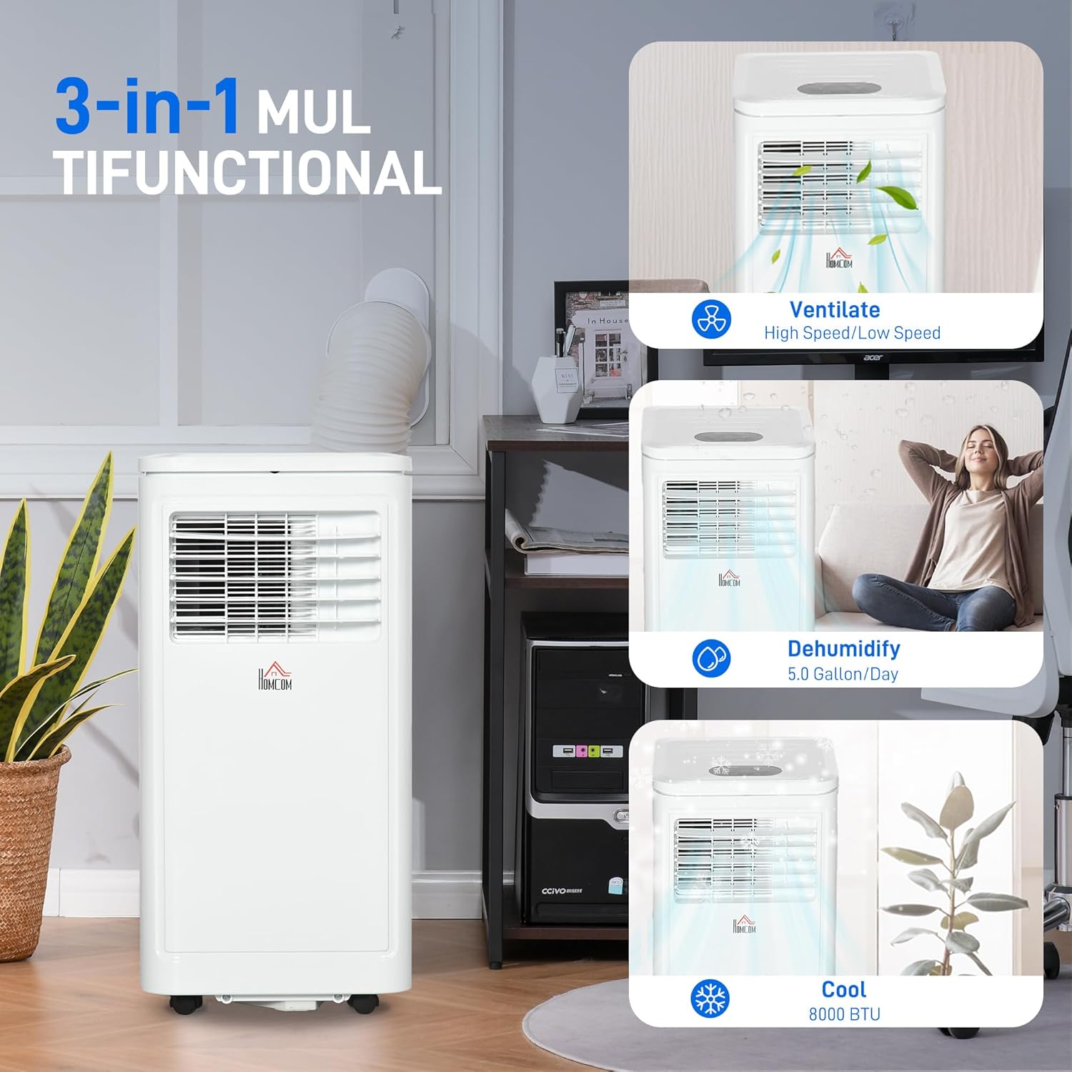 HOMCOM 8000 BTU Portable Air Conditioner, for Rooms Up to 344 Sq. Ft., 3-in-1 Portable AC Unit with Dehumidifier, Cooling Fan, Sleep, 24H Timer On/off, Remote, Window Installation Kits, Cream White