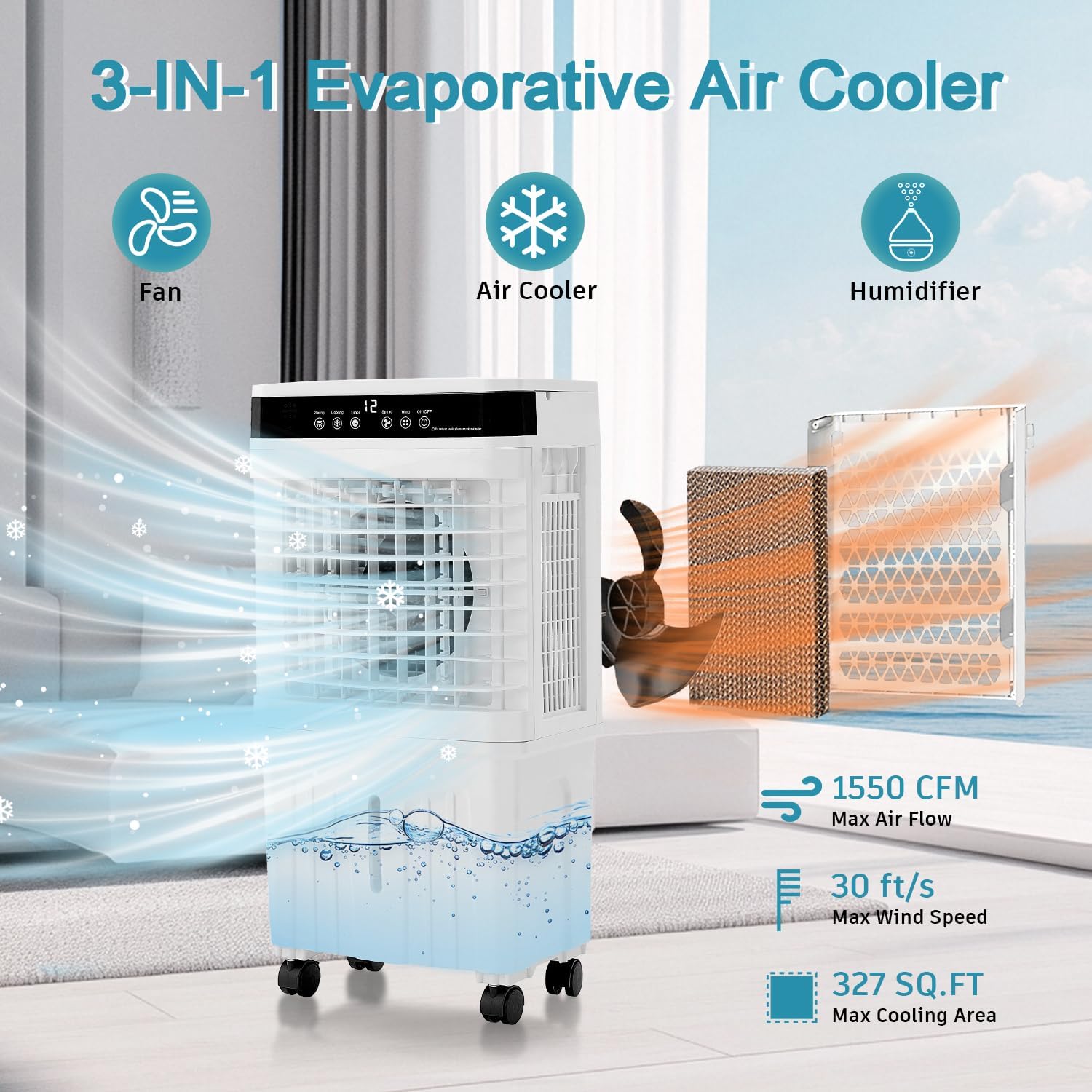 Swamp Cooler Portable Air Conditioners, 28” Evaporative Air Cooler with 3 Gallon Water Tank, 4 Ice Packs, 120°Oscillation Cooling Fan 2 Modes & 3 Speeds, 12H Timer for Home Outdoor Office Garage