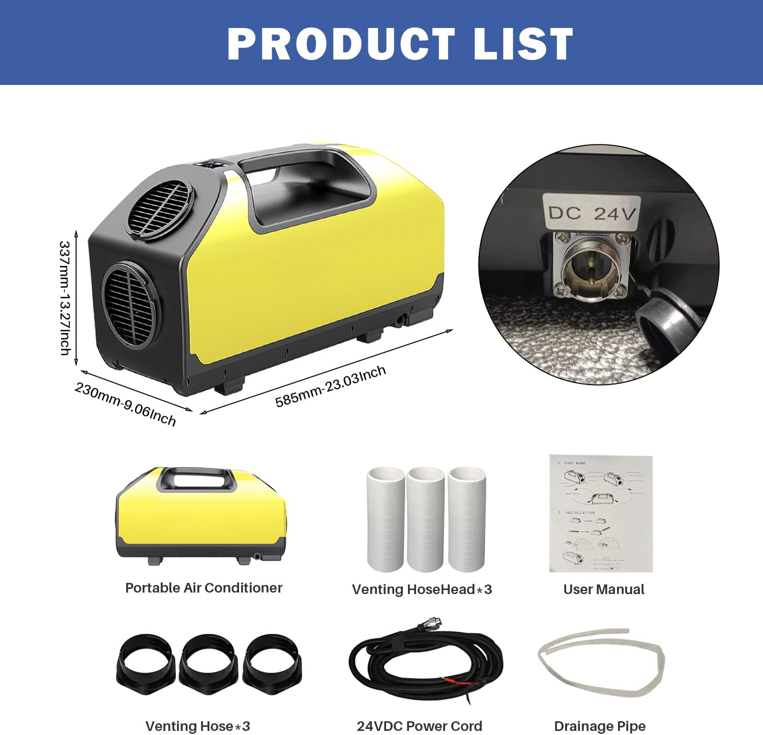 DC 24v Tent Air Conditioner Portable Air conditioner Cooling AC Unit for Outdoor Camping Tent Van RV Camper Motorhome Truck Trailer SUV Car New energy (Yellow)