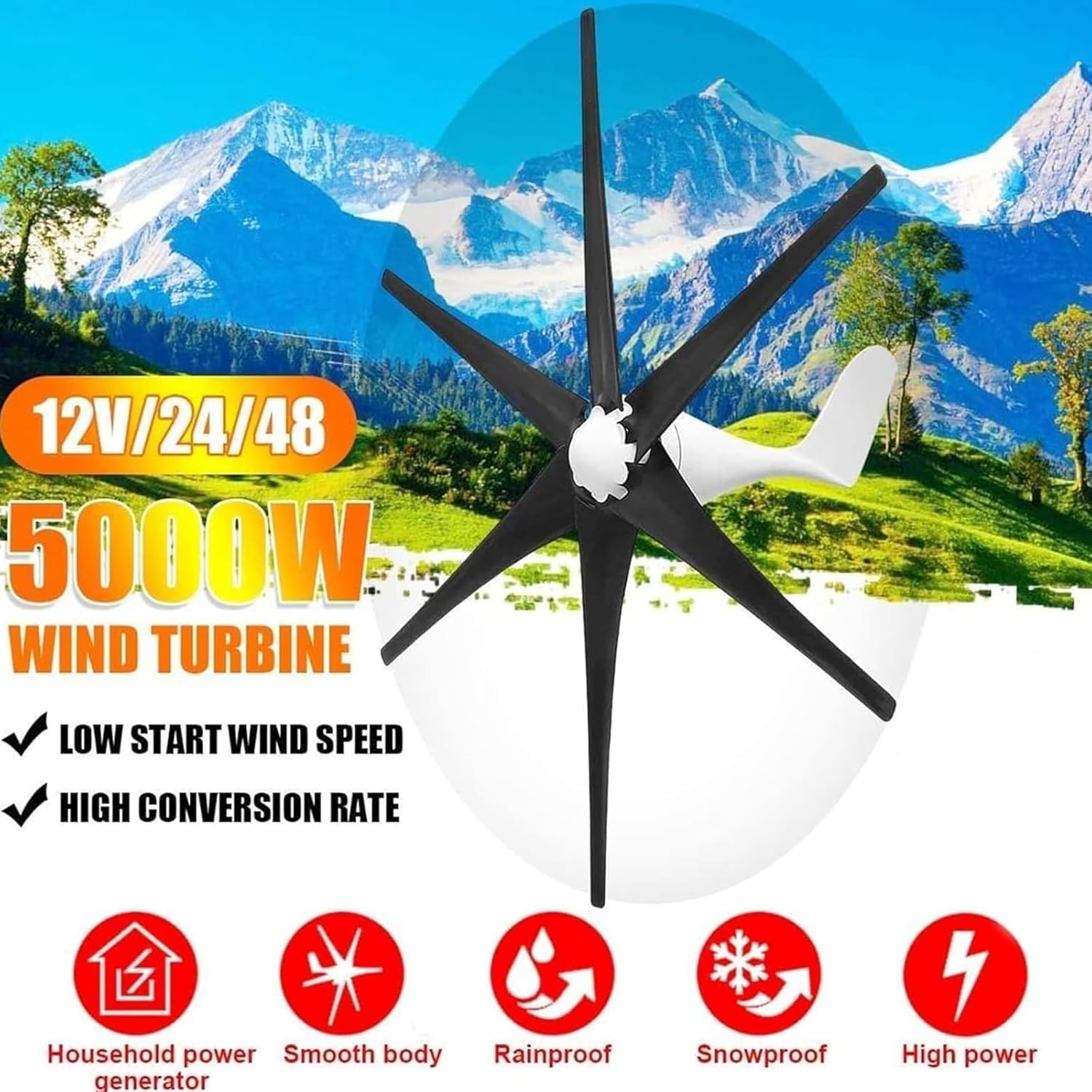 5000W Wind Turbine Kit, 6-Blade Horizontal Wind Turbine Home Energy Generator 12V 24V 48V W/Controller Suitable for Ocean, RV, Home, and Industrial Use