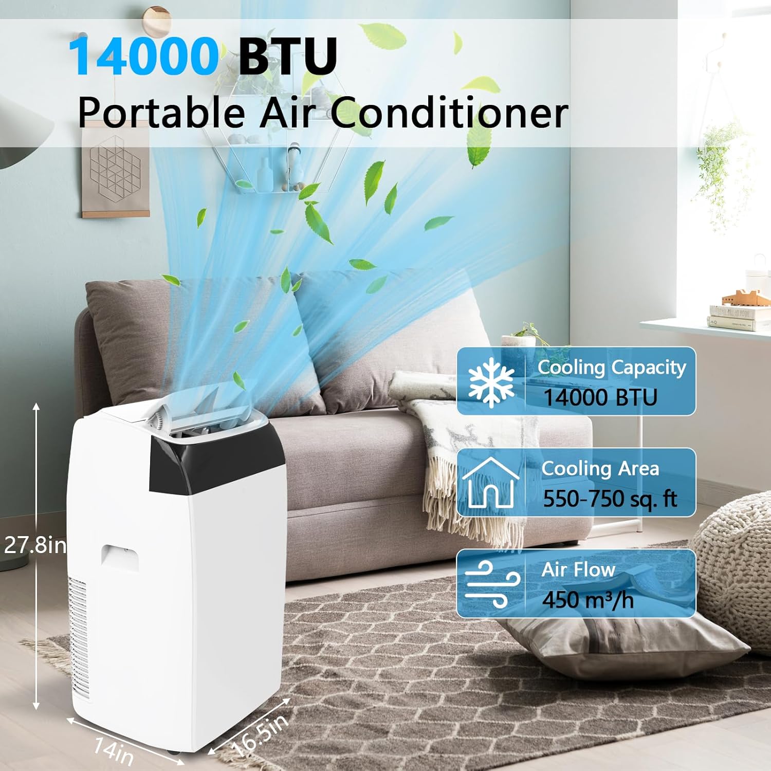 Portable Air Conditioner 14,000 BTU 3-In-1 Powerful AC Units Cools Up to 750 Sq.Ft, Smart Room Air Conditioning with Remote Control and 24H Timer, Standing Air Conditioner for Indoor Large Room