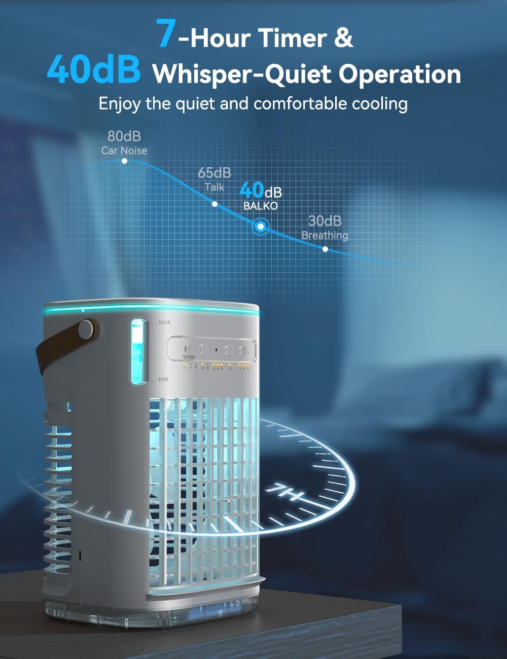 BALKO Mini Air Conditioner, 3 IN 1 Portable Desk Fan w/5400mAh Battery, 3 Speeds, Remote Control, Night Light, USB Powered Evaporative Air Cooler, Personal Air Conditioner for Room Bedroom Office