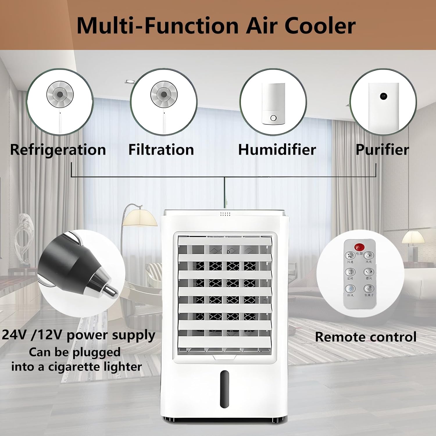 4-in-1 Portable Air Conditioners Personal Air Cooler Humidifier Cooling Fan Negative Ion Filter with Timer Remote Touch Screen Ac Unit Mini Fan 3-Speed and 4 Ice Packs 24VHomeCar