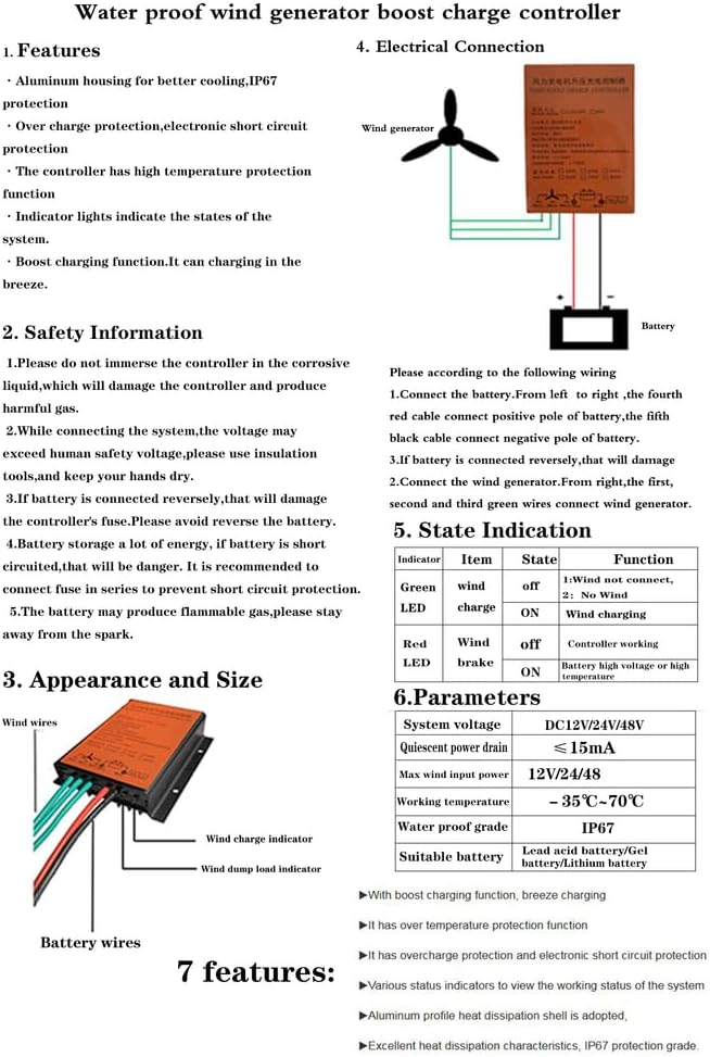 12V/24V/48V 14000W Wind Turbine Generator Controller, Waterproof Battery Charging Regulator for Household Vertical Wind Turbine(Black)