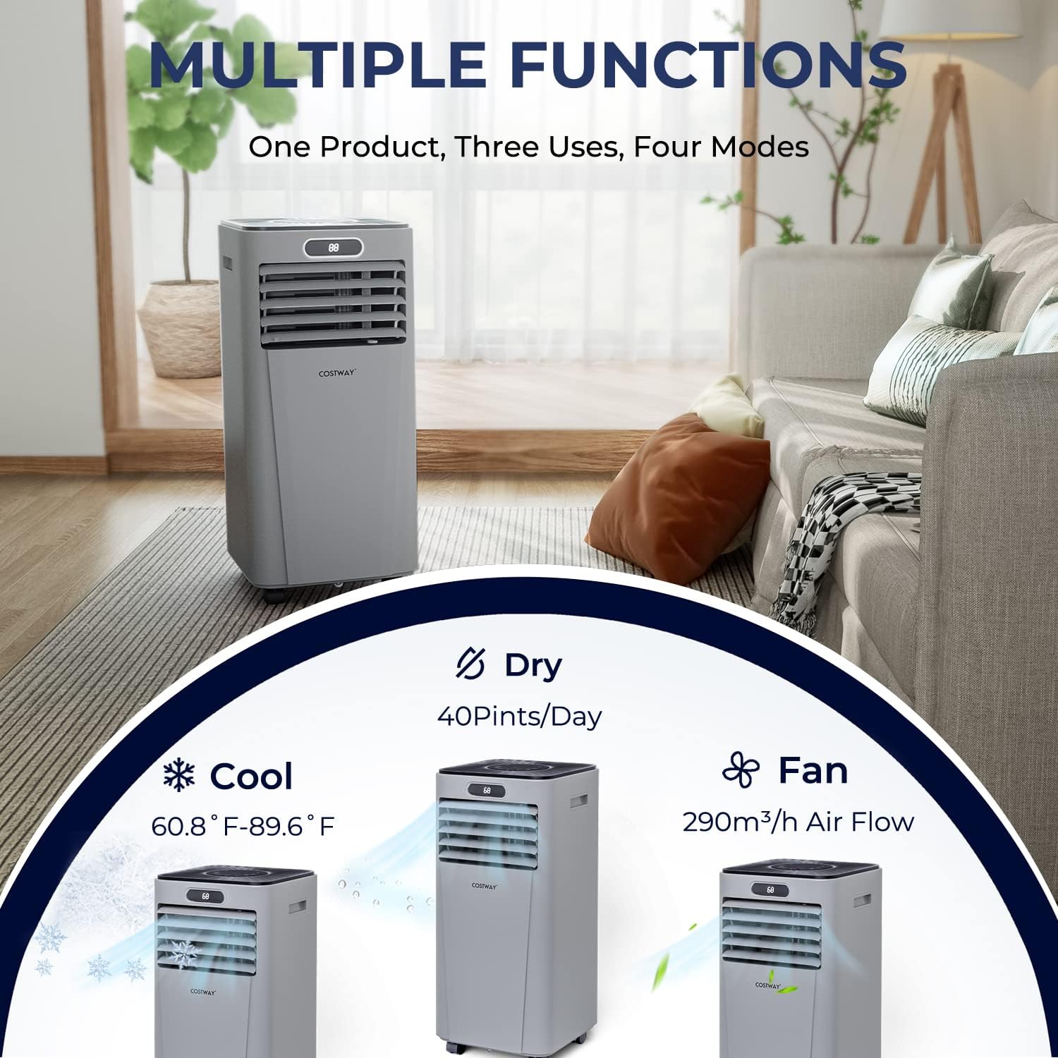 COSTWAY Portable Air Conditioner, 8000BTU AC Unit with Drying, Fan, Sleep Mode, 24H Timer, Remote Control, Cools Room up to 230 Sq. ft, for Home & Office Use, Window Kit Included(8000BTU-Grey)