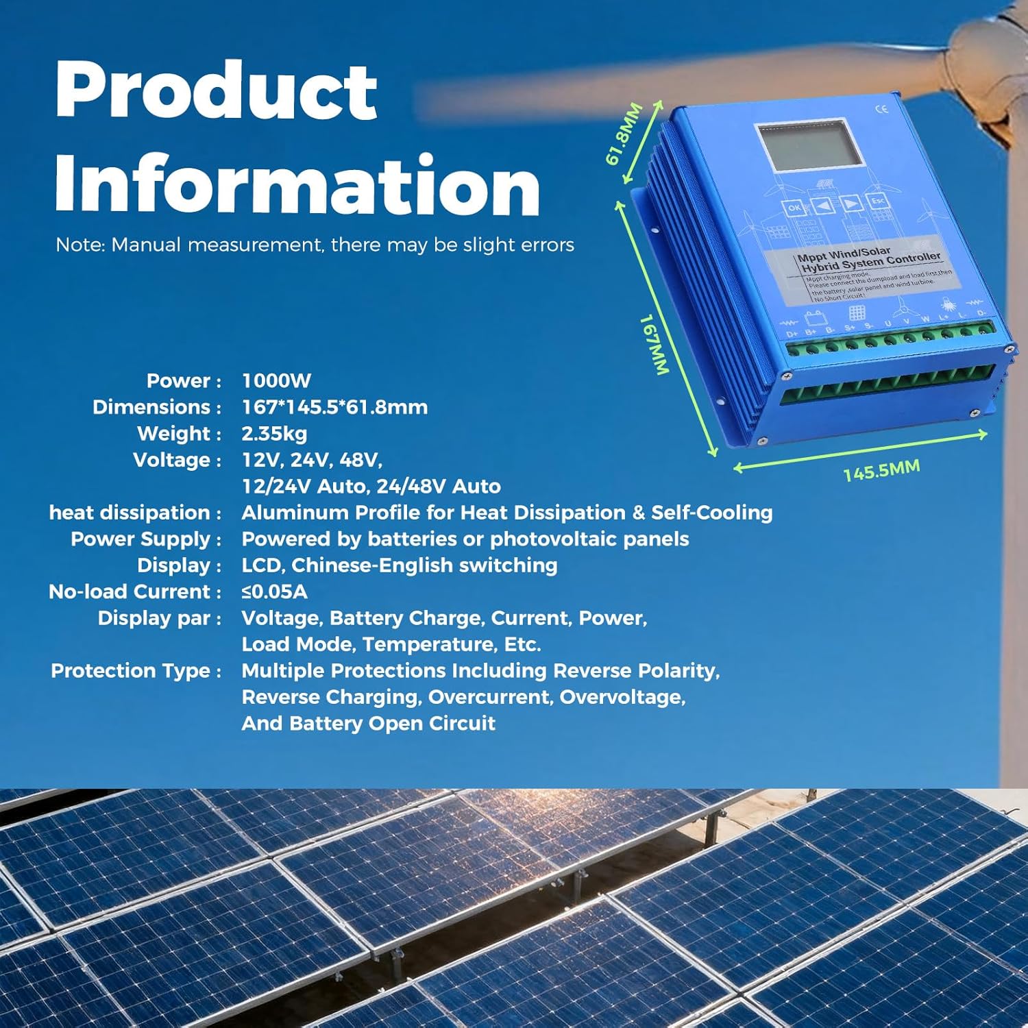 1000W Wind/Solar Hybrid System Controller Solar Wind Controller Solar Wind Power Controller Solar and Wind Charge Controller 1000W-24/48VAuto