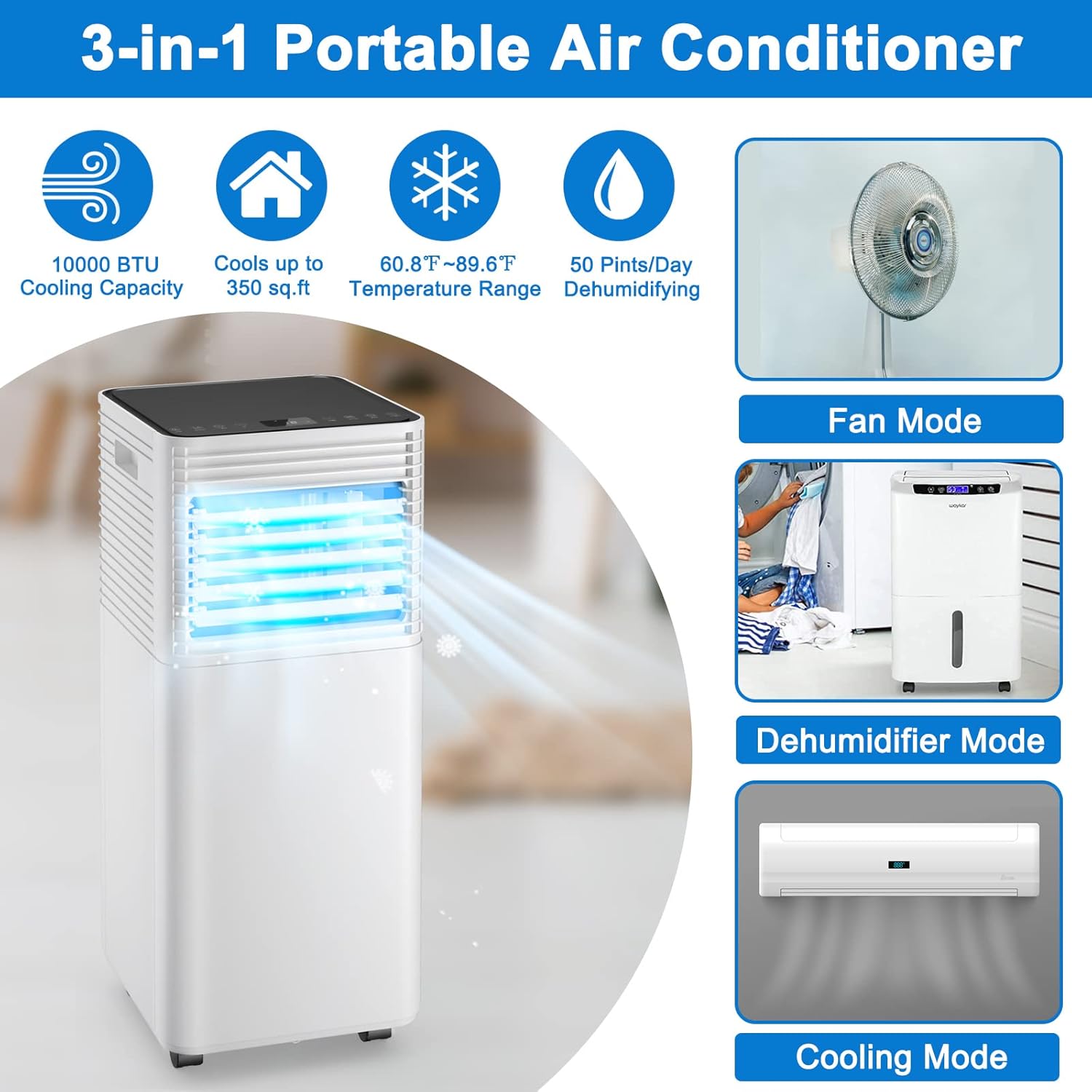 LDAILY 8000 BTU Portable Air Conditioner, 3-in-1 Air Cooler w/Dehumidifier & Fan Mode, Cools up to 230 sq.ft, Multifunctional Air Cooler w/Sleep Mode, 24H Timer, 2 Fan Speeds, Remote Control (Black)