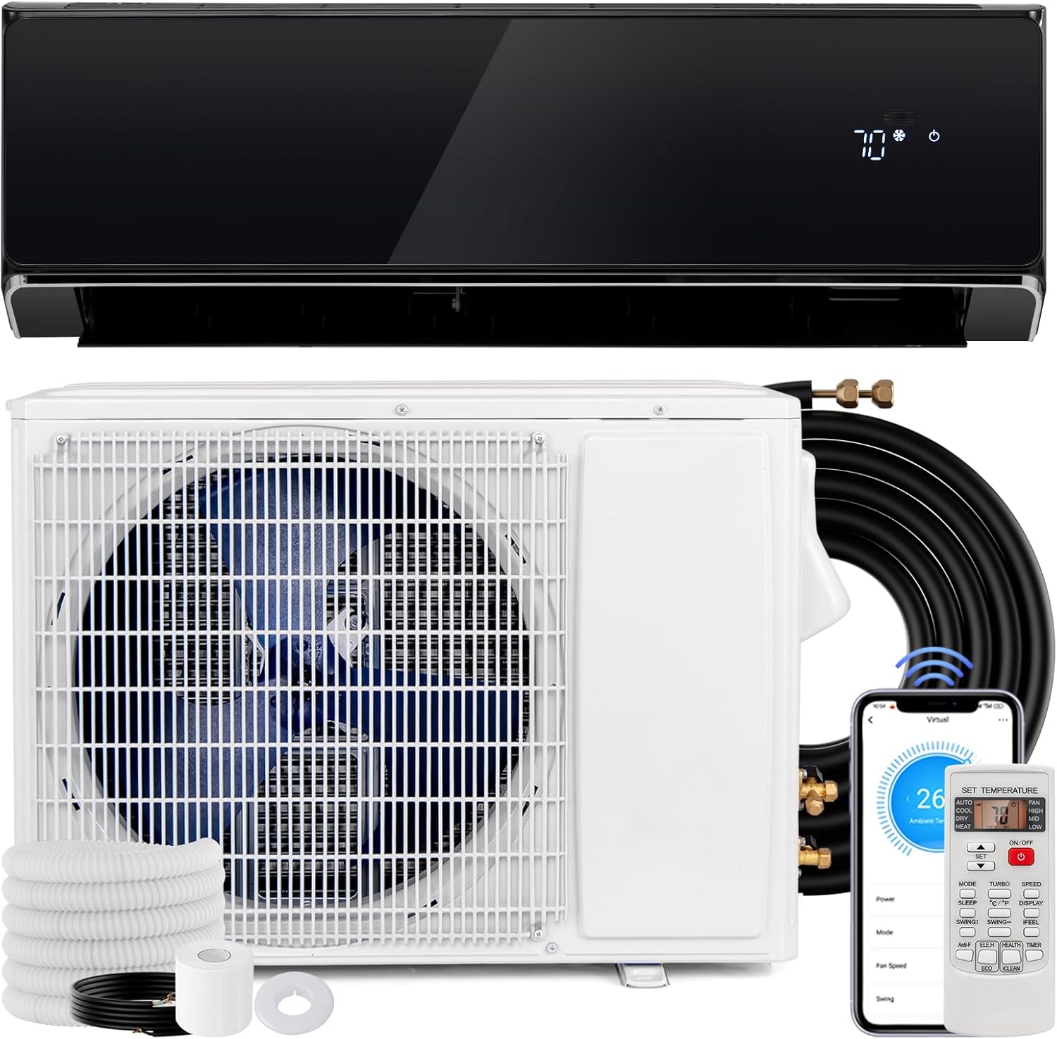 KOTEK 22000 BTU Mini Split AC/Heating System, 21 SEER2 Split Air Conditioner w/Heat Pump, Inverter Compressor & Installation Kit, WIFI Enabled, Cools Up to 1500 Sq.Ft, Compatible with Alexa, 208-230V