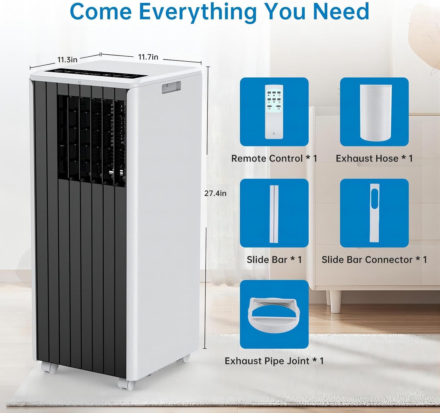 8000BTU Mobile Portable Air Conditioner, Dehumidification, Fan Functions, Temperature Range 16-31℃, Dehumidification Capacity 45L / Day, with Remote Control, Timer, White