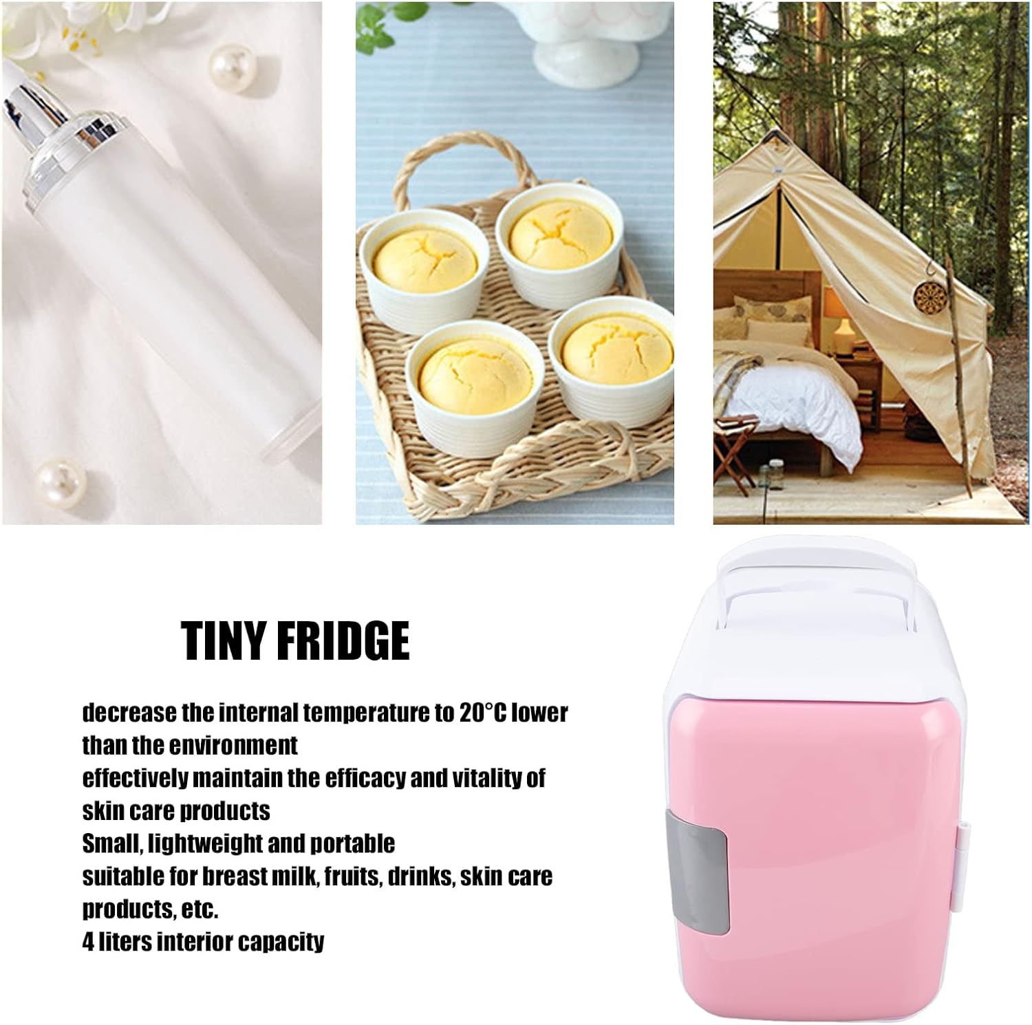 Pilipane Car, Portable Mini Fridge 4 Liter, Office Desk & College Dorm Room, Small Refrigerator Cooler for Food, Drinks, Beauty & Makeup, Skincare Mini Fridge for Bedroom(Pink)