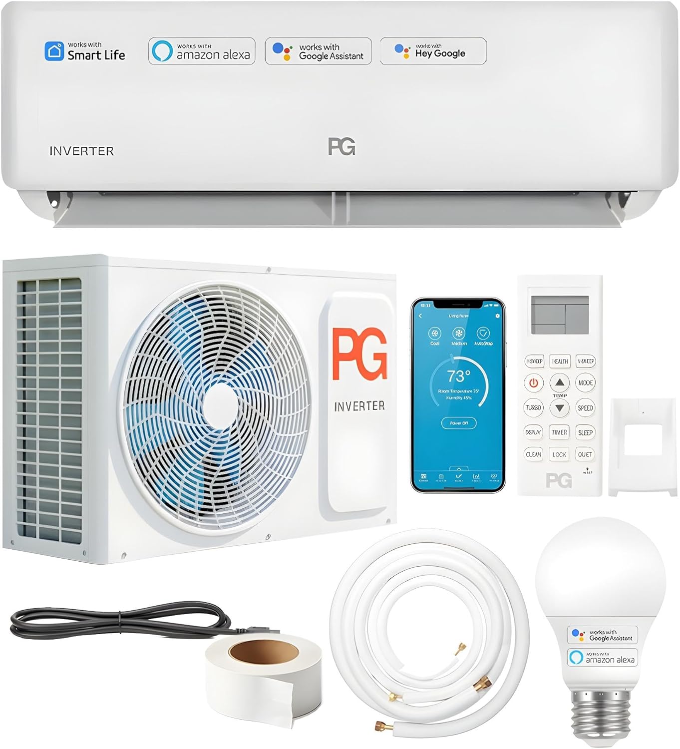 PG 30,000 BTU 2.5-Ton Mini-Split Inverter+ Heat Pump with WiFi, 220V/230V, Powerful Single-Zone AC & Heater for 1,300 Sq Ft | Includes Smart LED Bulb A19 with Voice Control & Google, Alexa