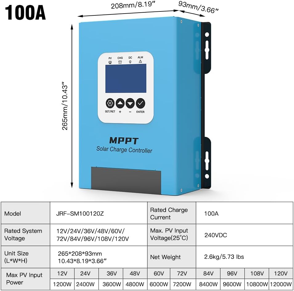 JIRI 100 amp Mppt Solar Charge Controller 12V/24V/36V/48v/60V/96VDC Auto System Voltage Max. PV 240V,Solar Panel Controller for Lifepo4/Lithium /Gel/ Rv Battery (100A)