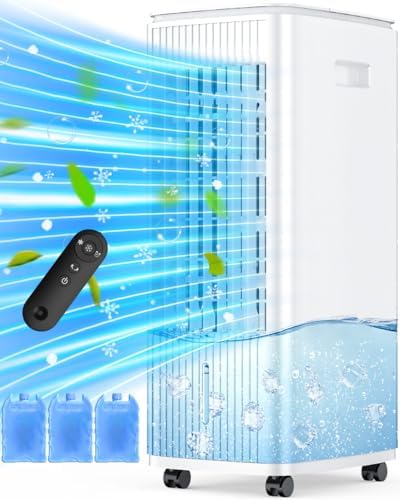 3-IN-1 Windowless Air Conditioner w/Double Tanks, Smart Timer, 3 Ice Packs, 60W Evaporative Air Cooler, 70° Oscillation, 3-Speed 25-INCH Swamp Cooler Air Conditioner Portable for Room