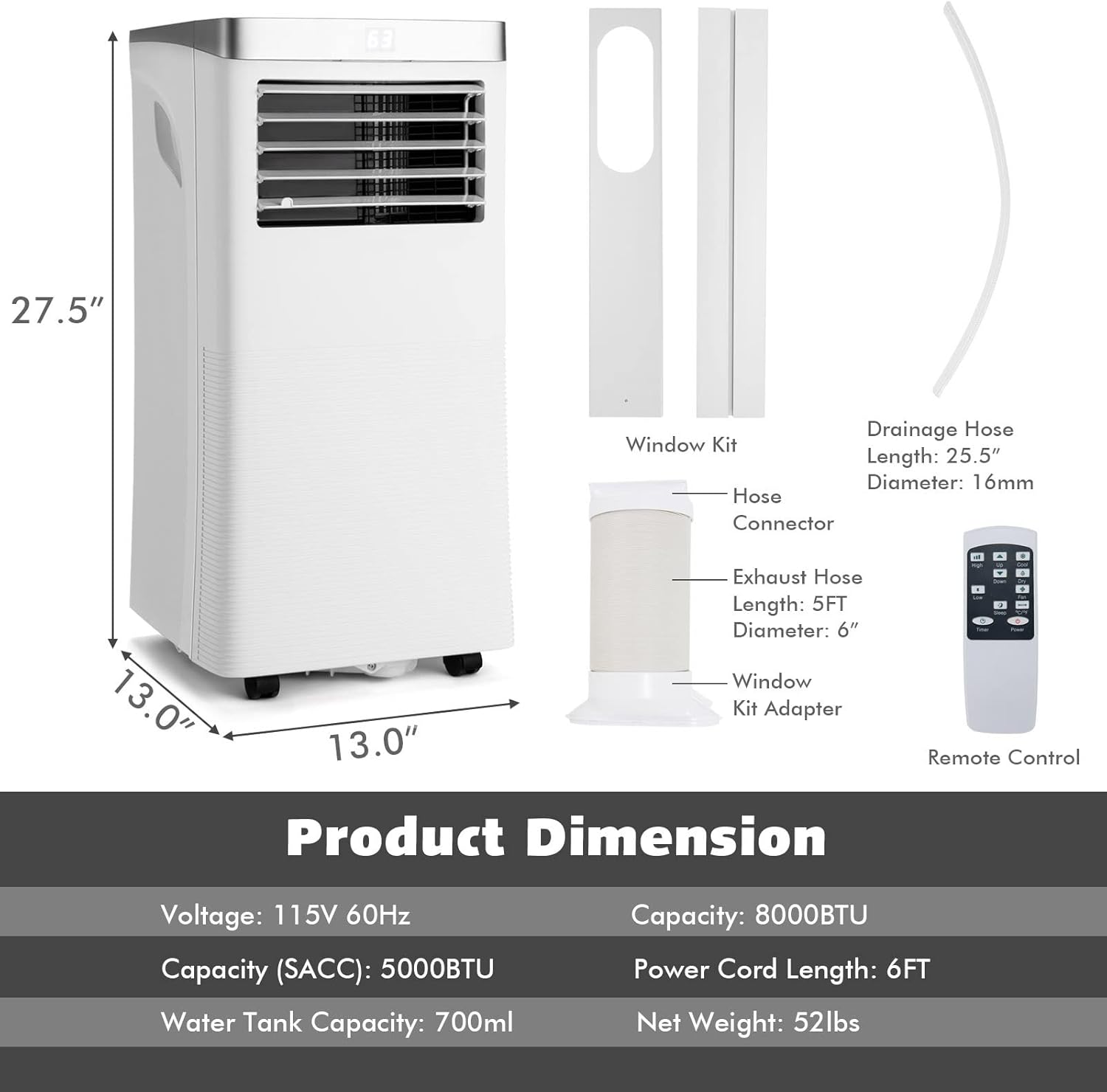 LDAILY 8000BTU Portable Air Conditioner with Remote Control, 3-in-1 Air Cooler w/ 3 Mode & 2 Wind Speeds, 24H Timer Function, Air Cooling Fan with Window Kit for Home Office, White (8000BTU)