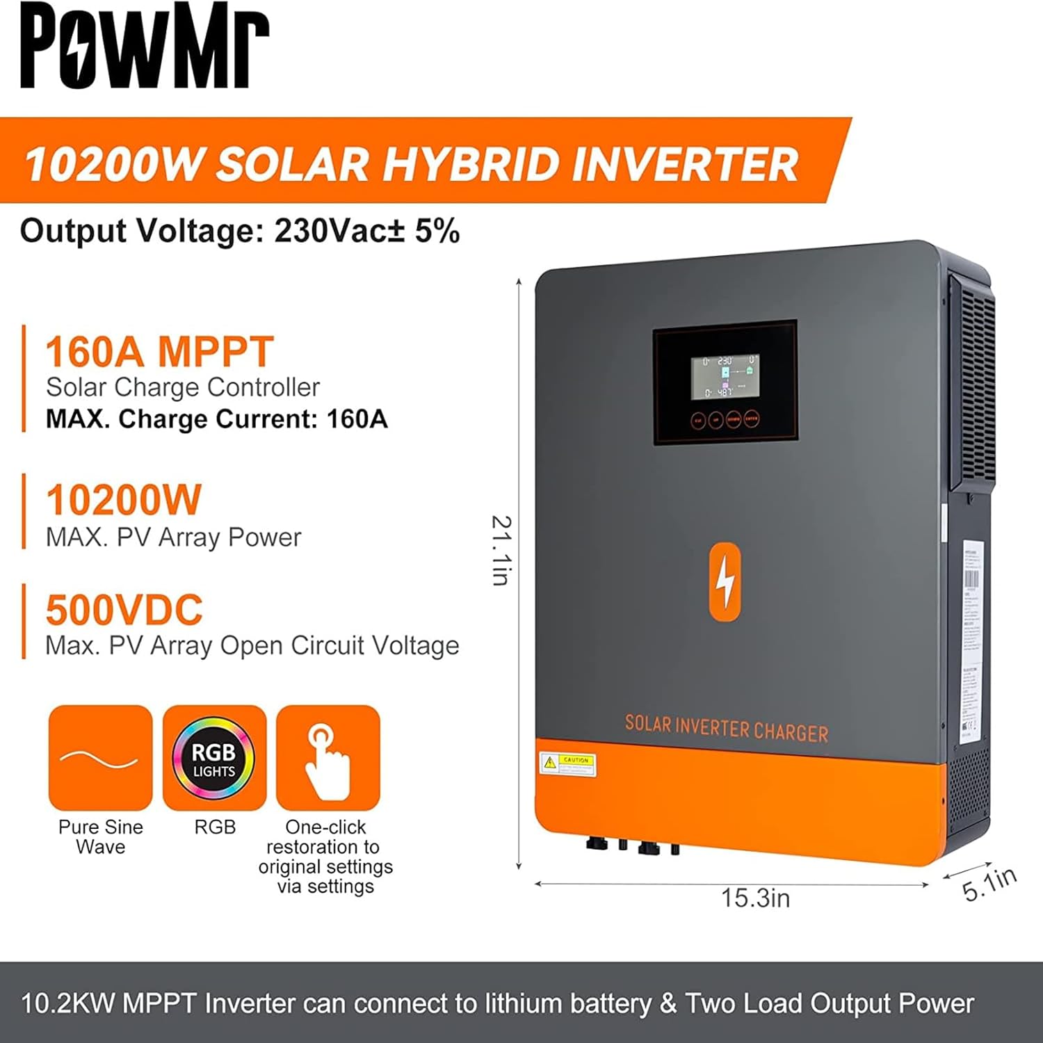 PowMr 10200W Solar Inverter 48V DC to 220V/230V AC Pure Sine Wave Power Inverter Built-in 160A MPPT Controller 10000W Hybrid Inverter for Home RV Off-Grid System, for 48V Lead Acid and Lithium Battery