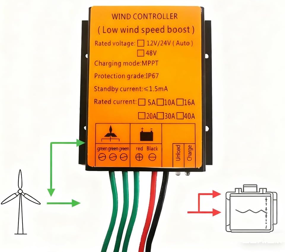 10A-40A 12V/24V/48V 12000W Auto Matchingwind Turbine Generator Wind Charge Controller, Waterproof IP67 for Wind Generator (Black)