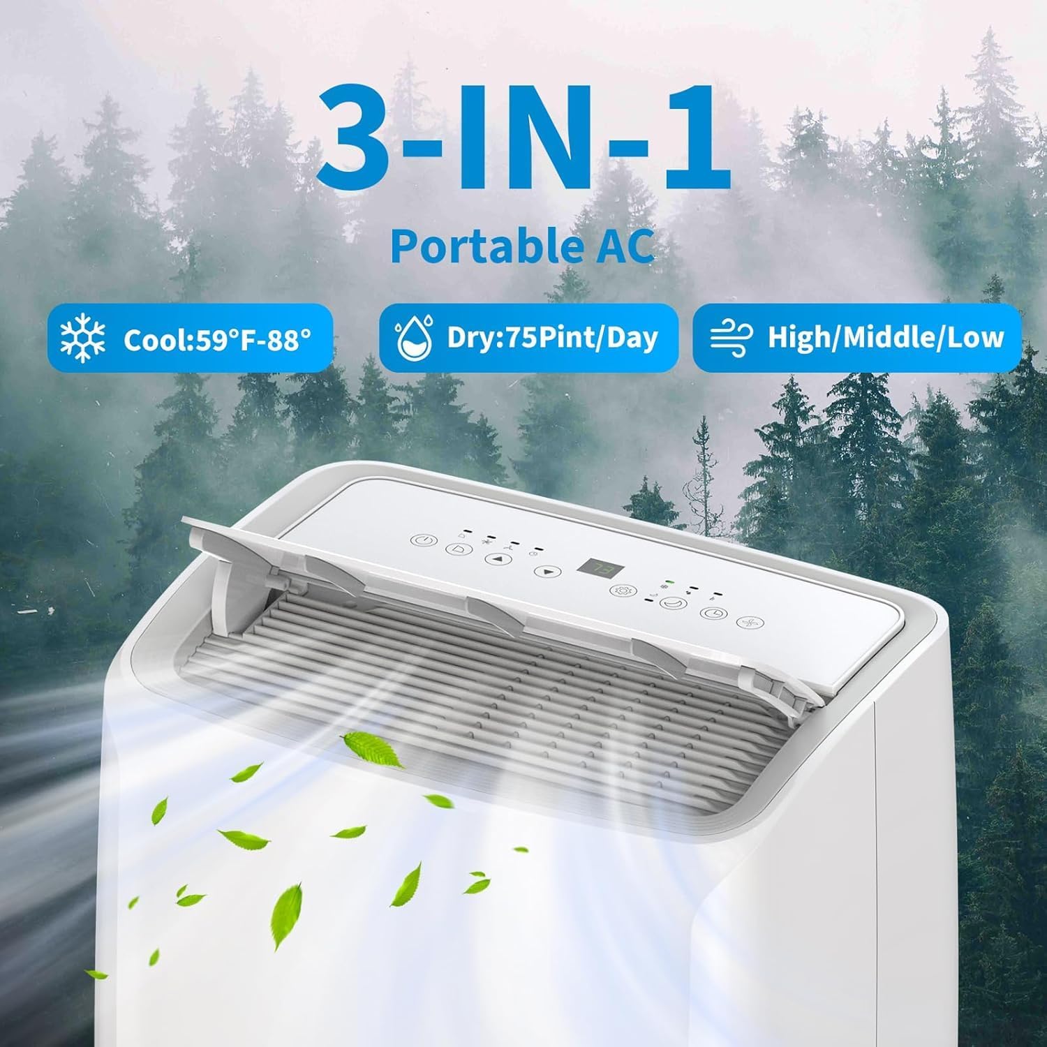 14,000 BTU Portable Air Conditioner - Quiet AC Unit Covers 750 Sq. Ft, 3 Fan Speeds With Dehumidifier Mode, Easy Install Window Kit & Follow Me Temperature Control, White