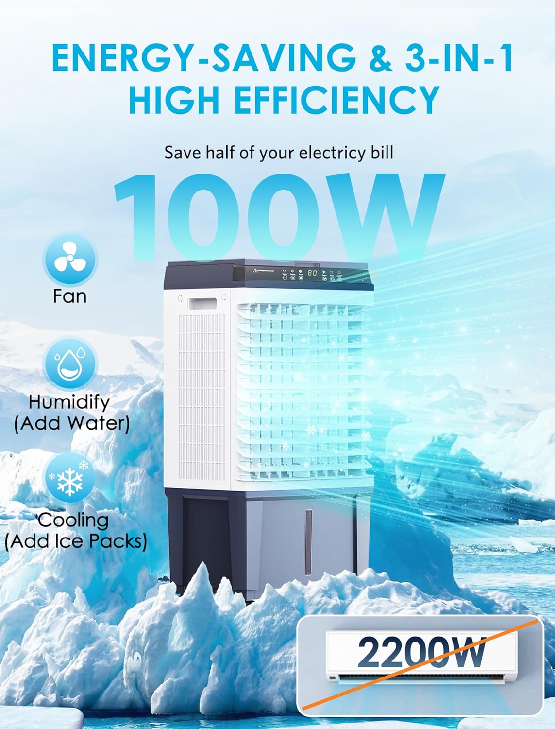 Air Choice Portable Evaporative Air Cooler, 1800 CFM Swamp Cooler with 6 Ice Box & 5.3 Gal Water Tank, 110° Swing, 3 Speeds, Upgraded Remote, 12H Timer, 3-in-1 Air Cooling Fan for Outdoor Indoor, Blue