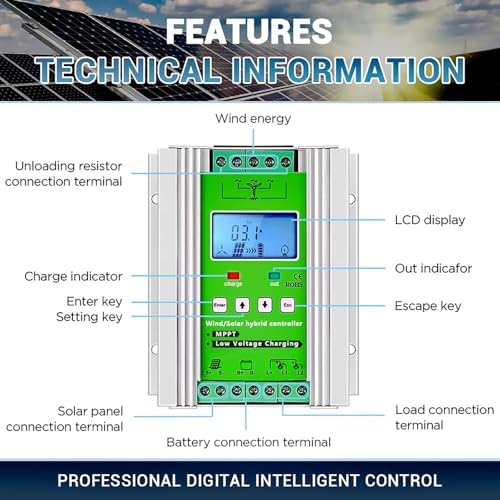 12000W-18000W Wind Solar Hybrid Charge Controller - MPPT Boost Regulator with LCD Display & Dump Load for 12V/24V/48V Systems (1200W Wind + 1000W Solar)