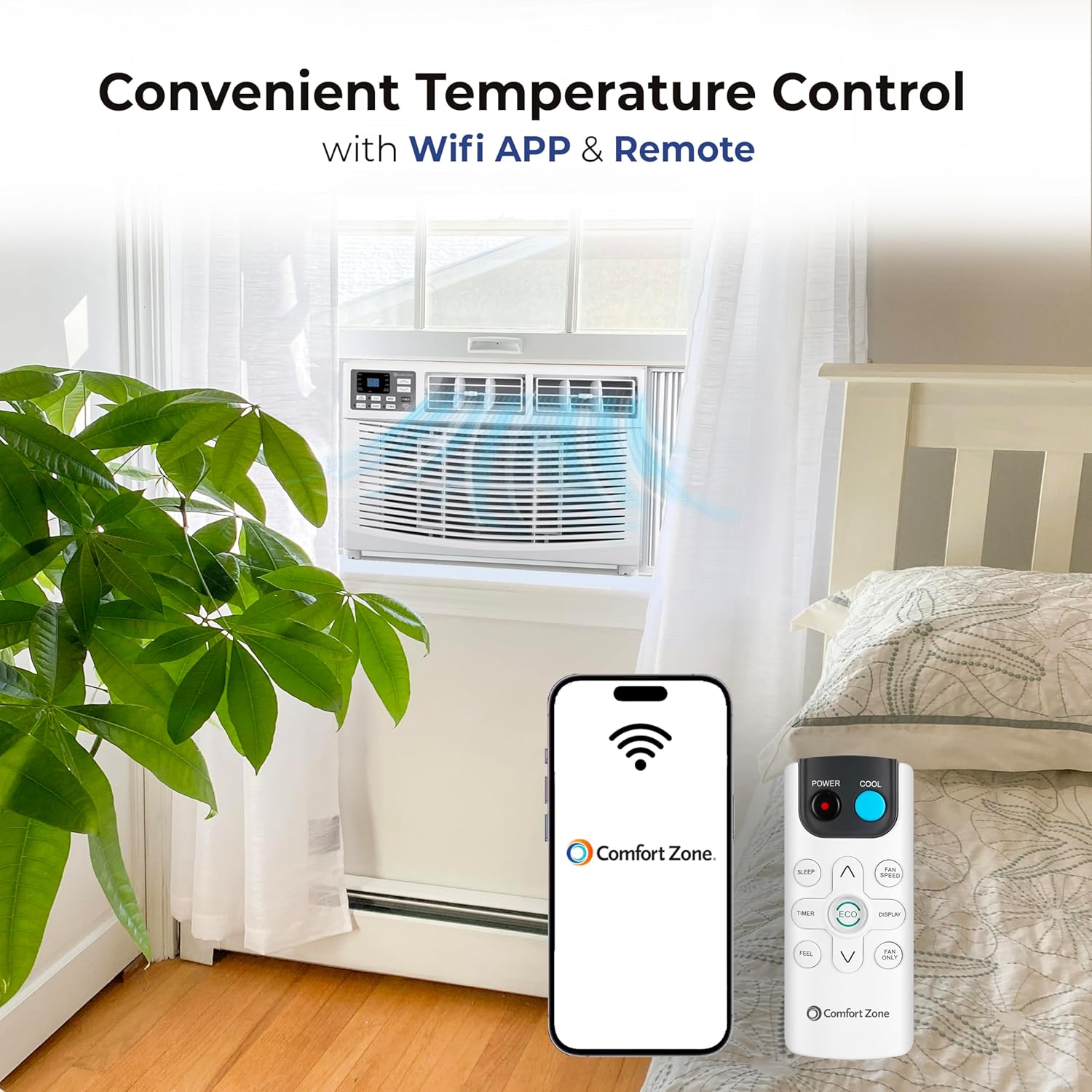 Comfort Zone Window Mounted Smart Wi-Fi Room Air Conditioner with Remote Control, 10,000 BTU, Digital Display, 4 Speed Settings, 4 Mode Settings, 24-Hour Timer, Sleep Setting, and Eco Mode, CZ12759