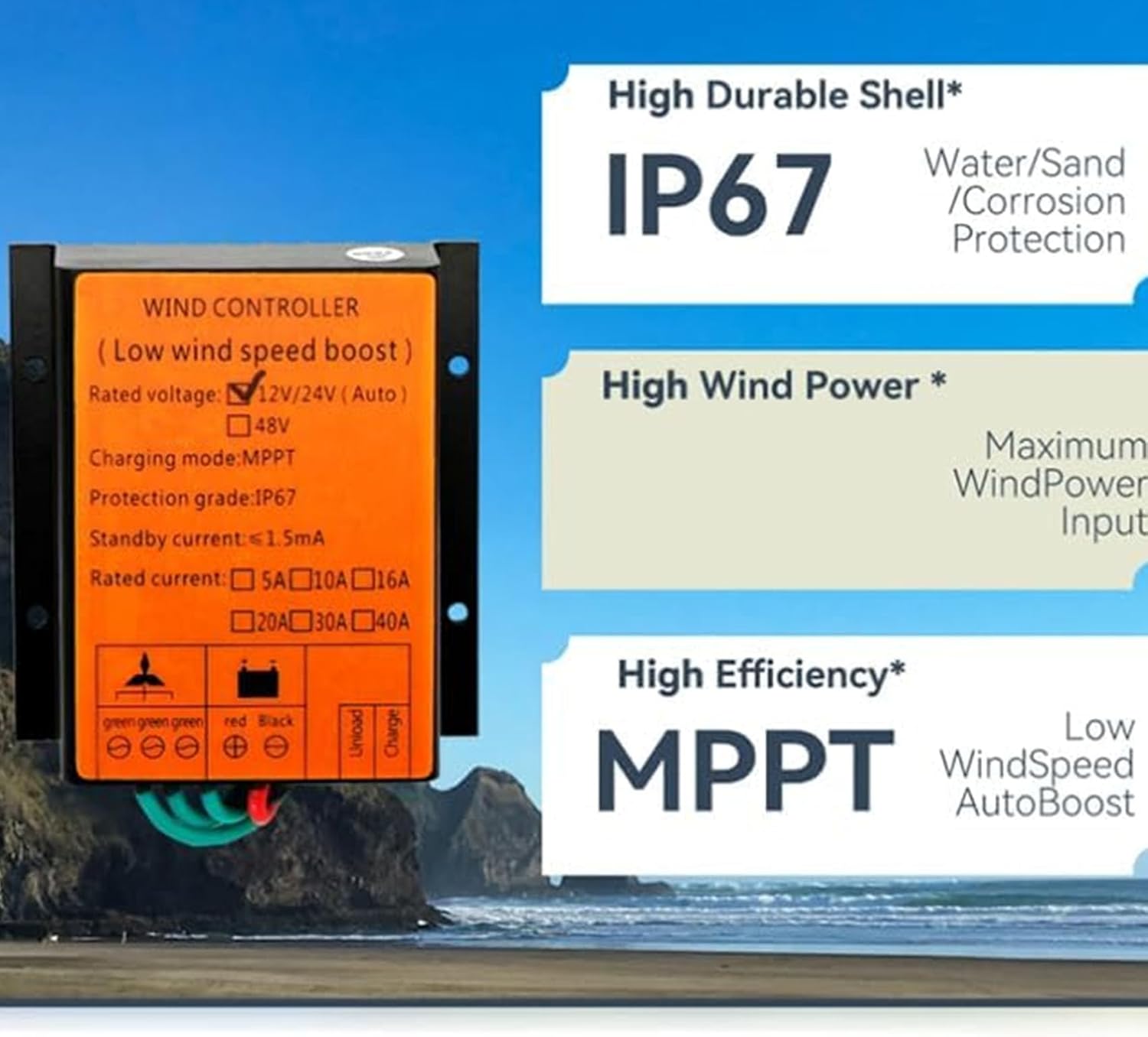 IP67 Waterproof Controller 8000W Wind Turbine Charge Controller 12V 24V 48V Auto MPPT Low Wind Speed Boost Wind Regulator for Wind Power System Battery Charging,Yellow,220V
