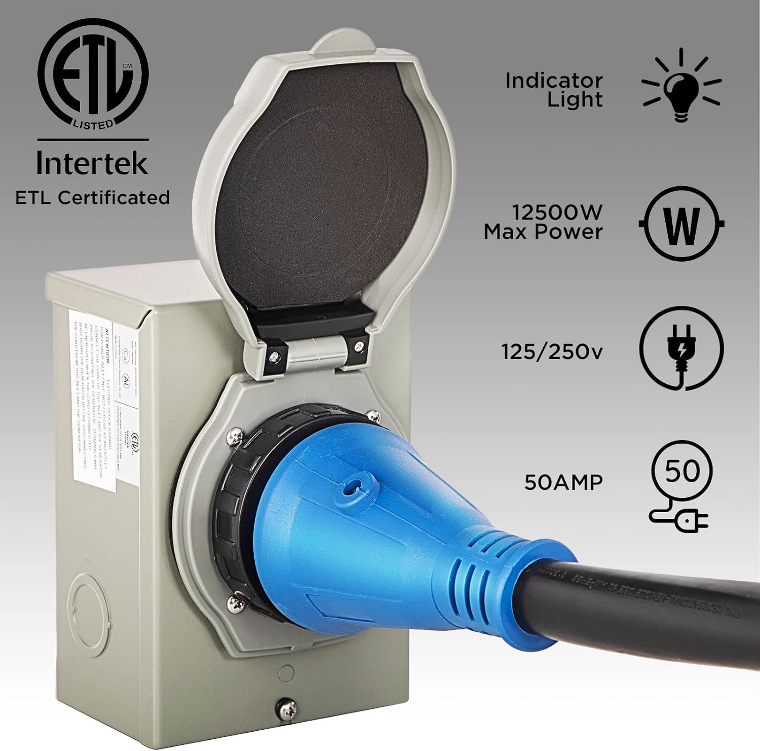 50 Amp Generator Cord and Power Inlet Box, 20FT Generator Extension Cords 50 Amp,125V/250V Generator Power Cord NEMA14-50P/SS2-50R Twist Lock Connector