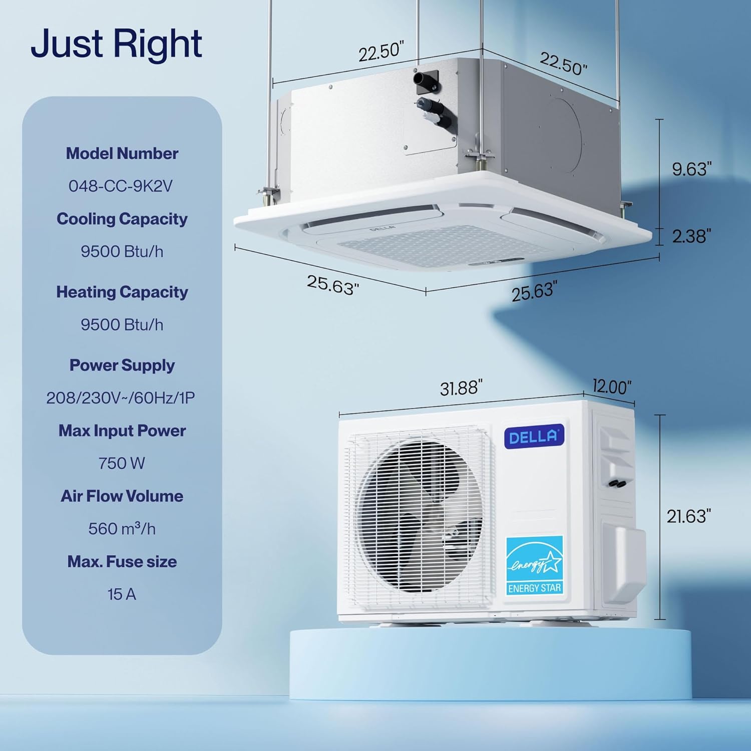 DELLA 9,500 BTU Ceiling Cassette Mini Split AC,Ultra Heat -13℉,23 SEER2 8-way 360° Airflow 230V,Energy Star,Work with Alexa,Pre-Charged Heat Pump Ductless Inverter System, Covers 400 Sq. Ft,16ft Kit